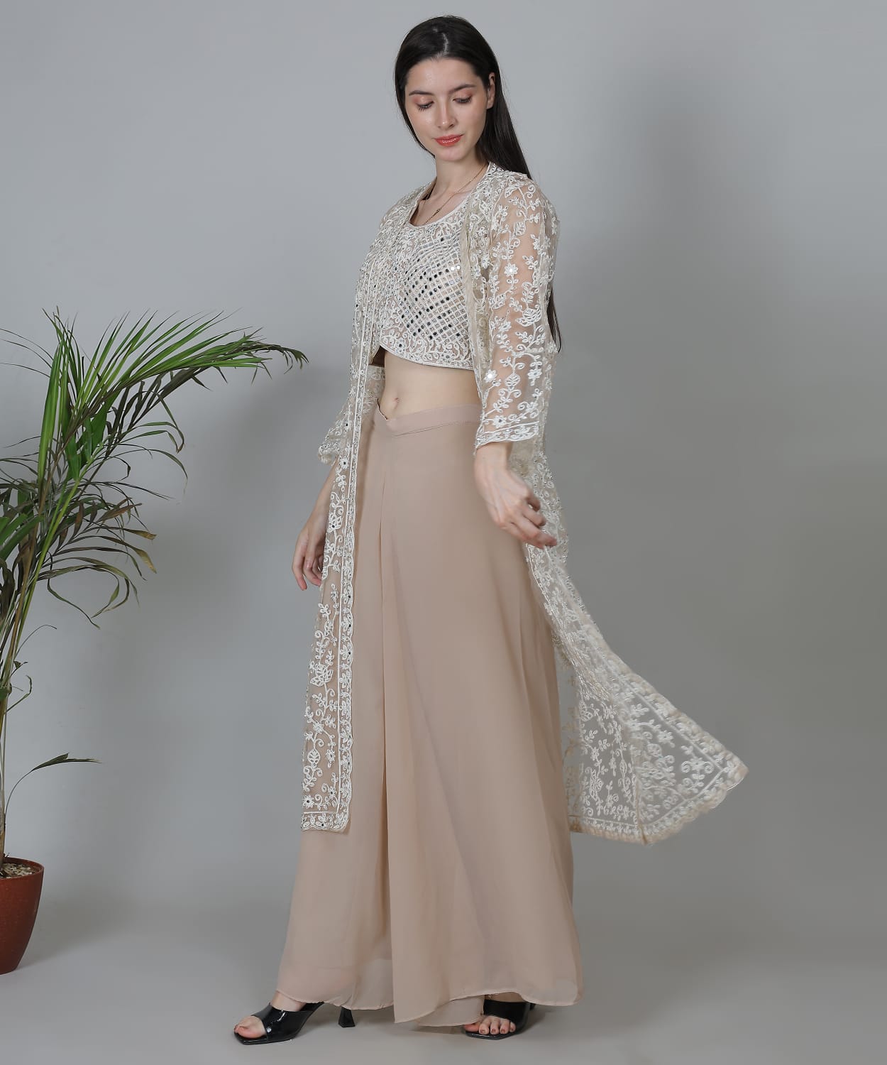Nude beige ivory embroidered sheer jacket