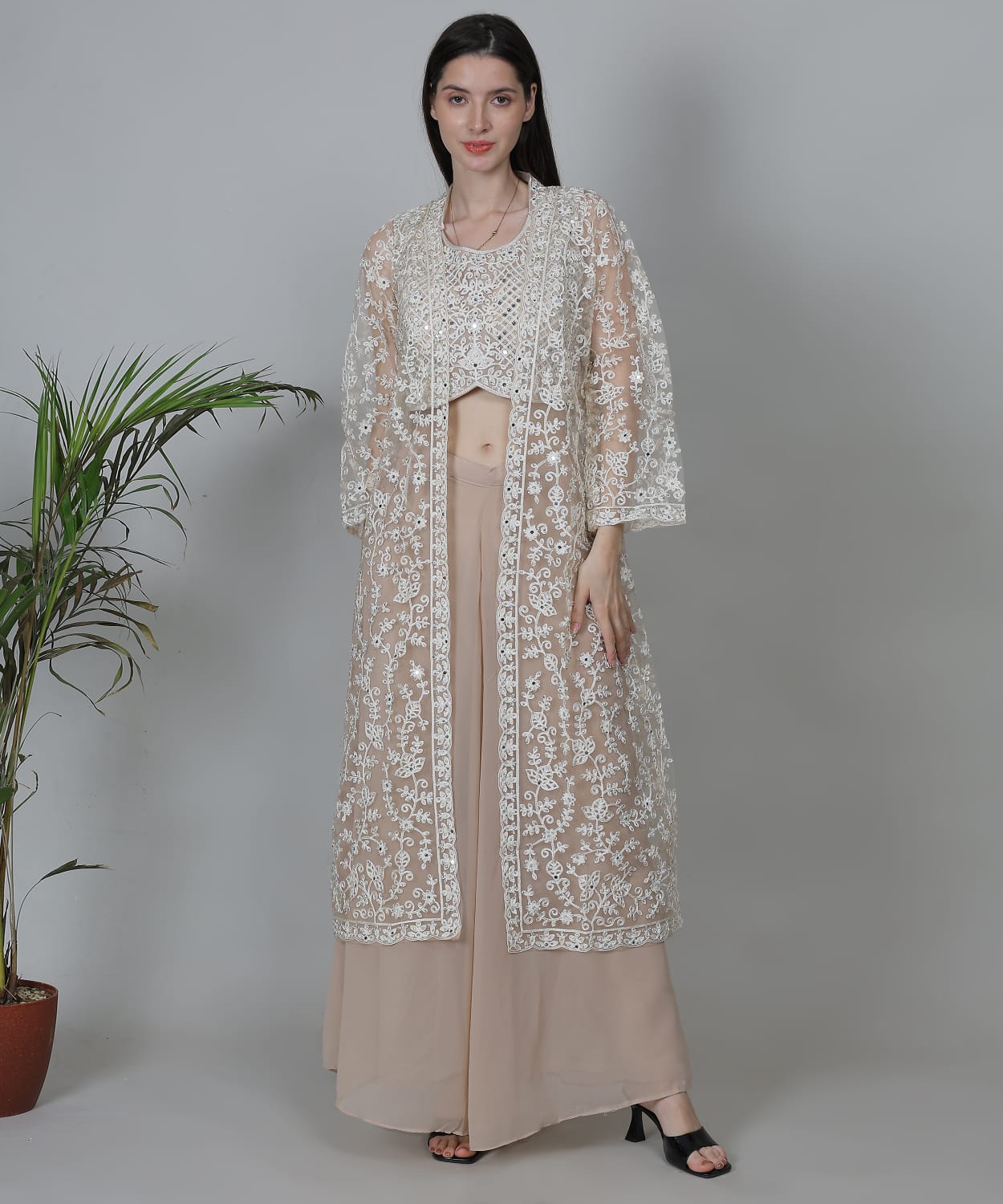 Nude beige ivory embroidered sheer jacket