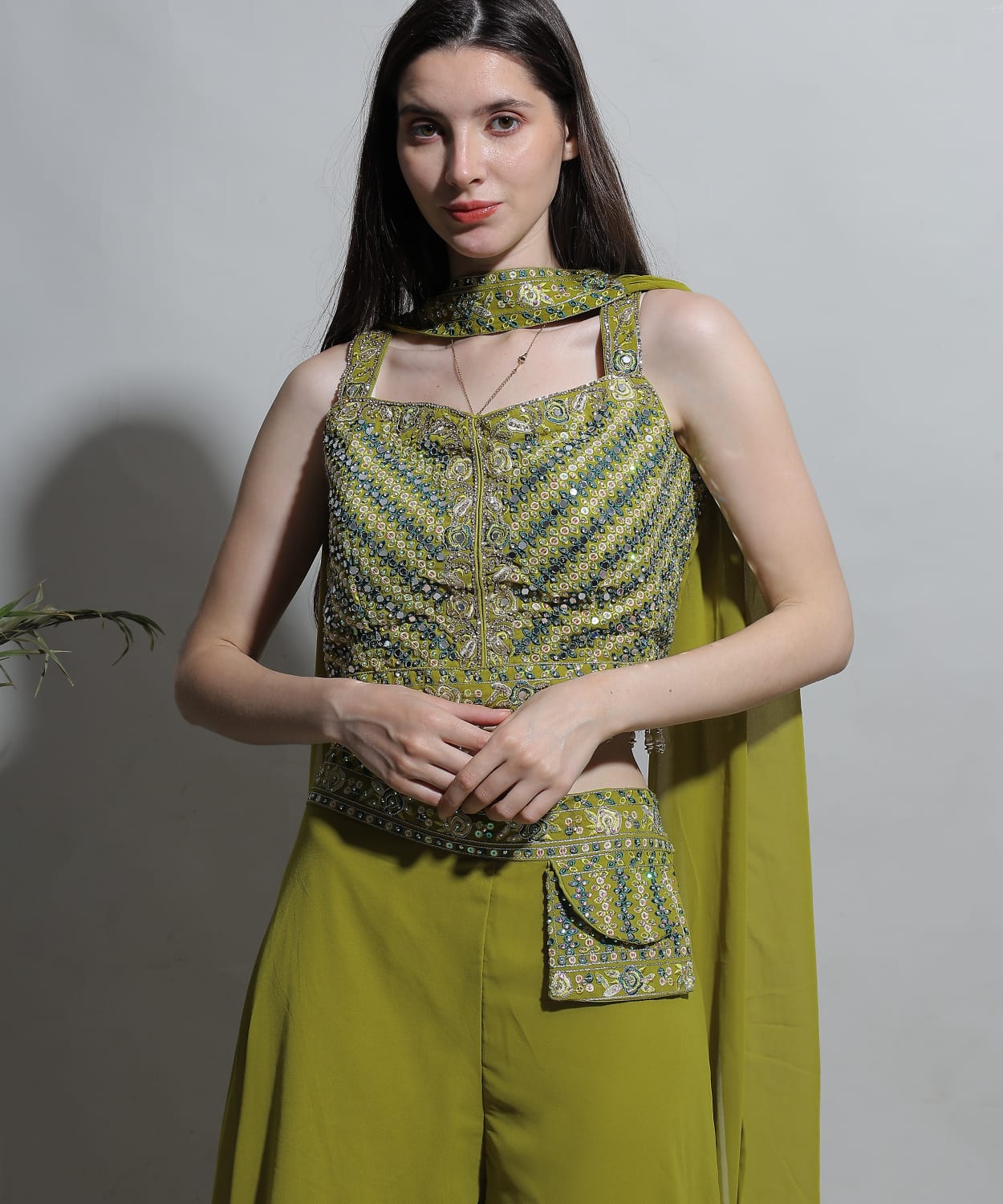 Chic Olive Green Crop Top & Palazzo with Dupatta – Party Wear