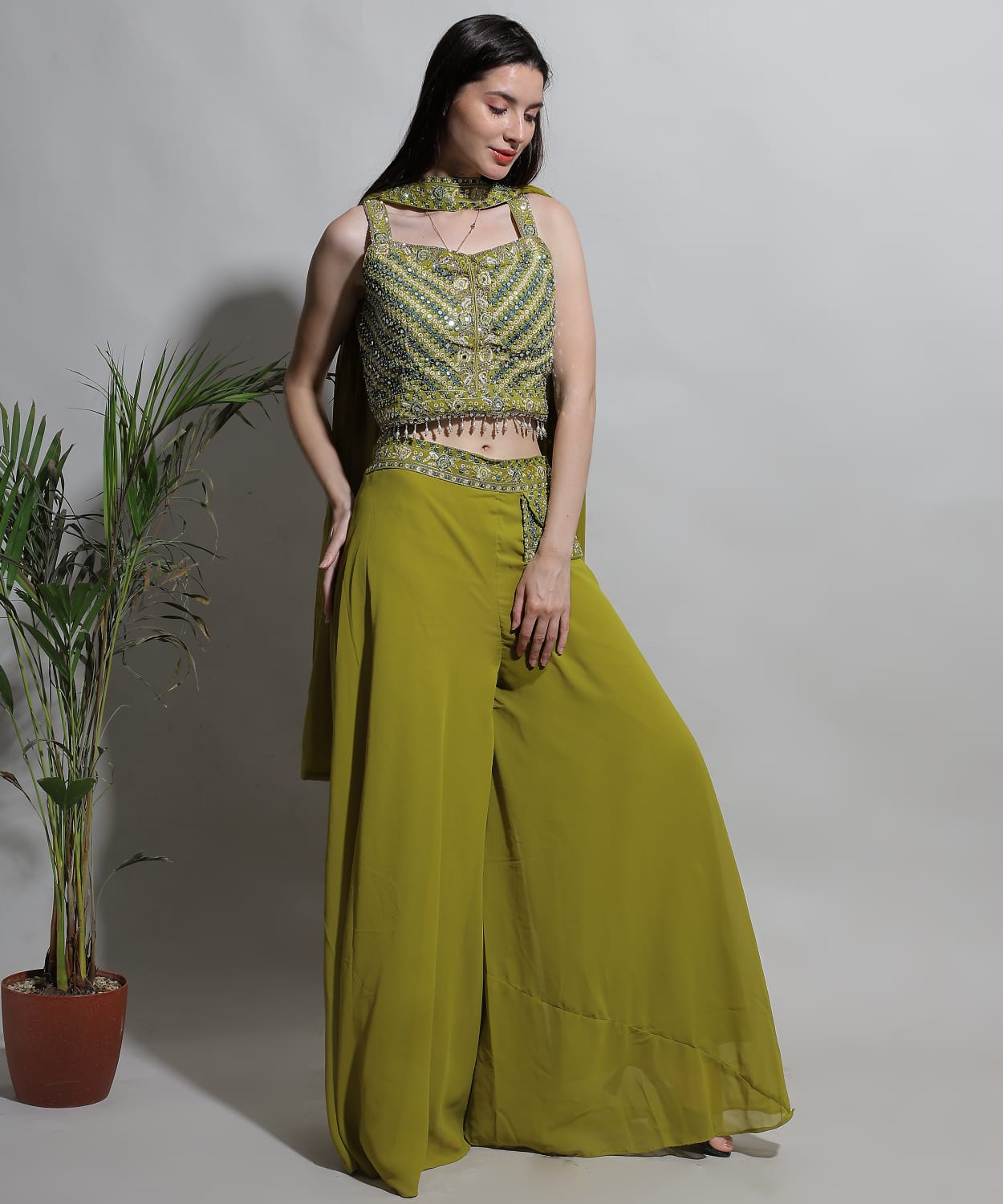 Chic Olive Green Crop Top & Palazzo with Dupatta – Party Wear