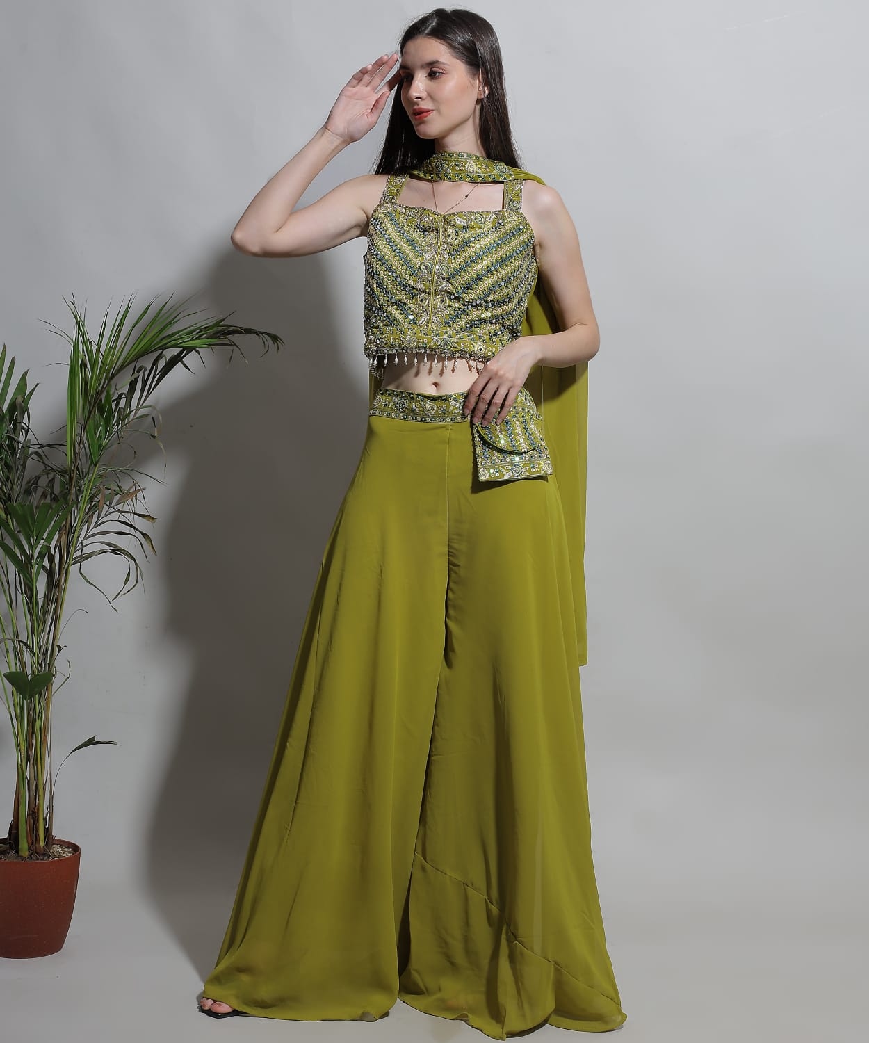 Chic Olive Green Crop Top & Palazzo with Dupatta – Party Wear