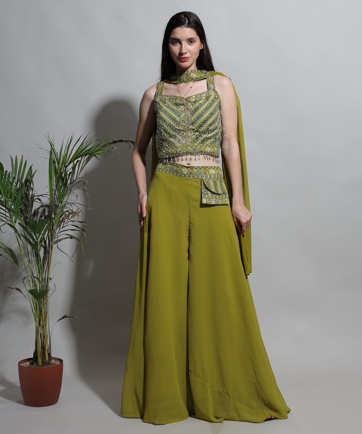Chic Olive Green Crop Top & Palazzo with Dupatta – Party Wear