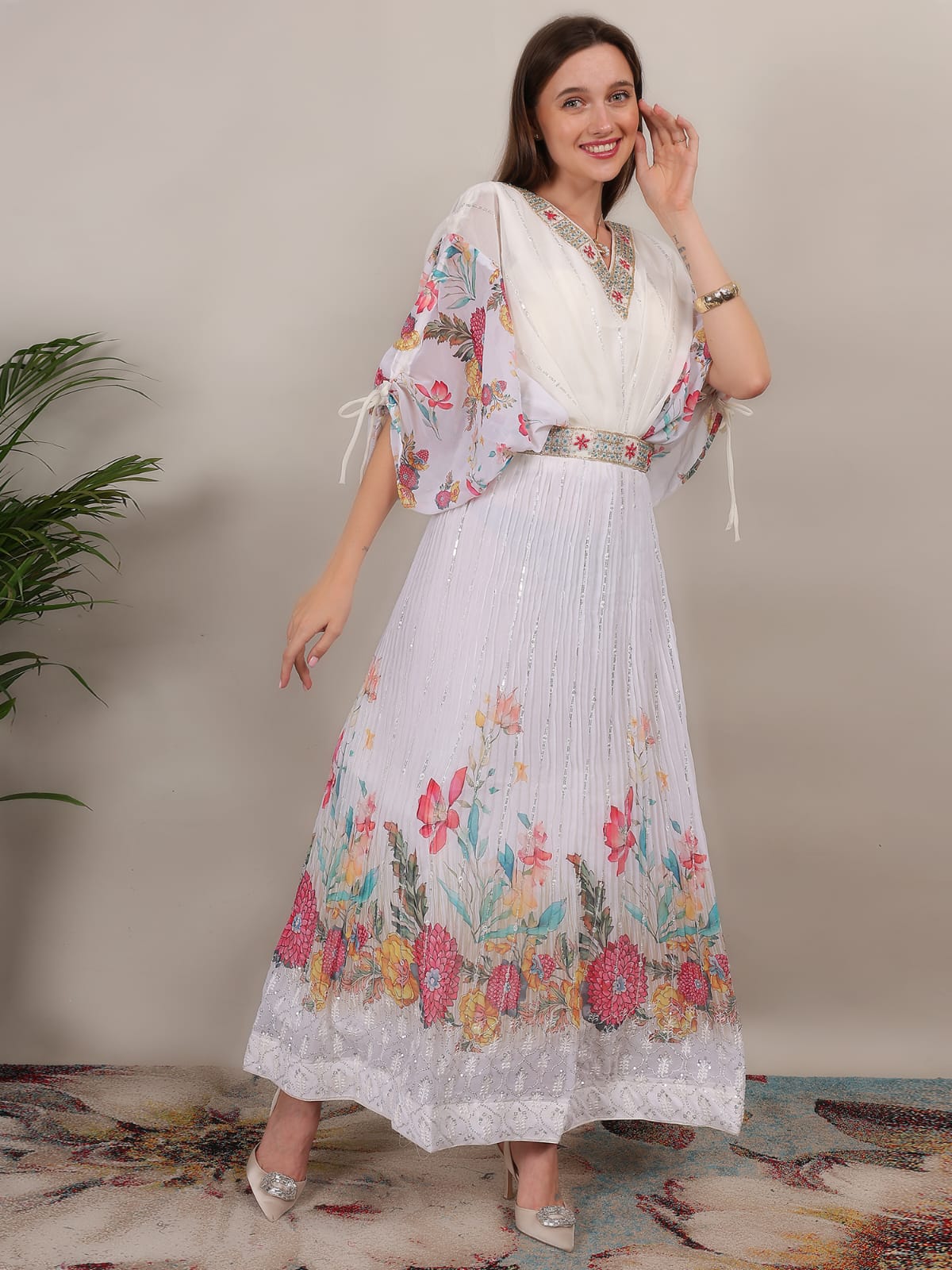 Elegant White Floral Printed Maxi Dress with Embroidered Neckline & Flowy Sleeves