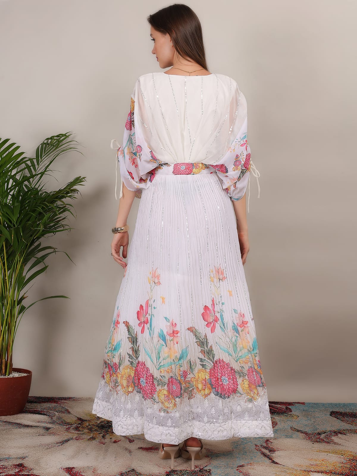 Elegant White Floral Printed Maxi Dress with Embroidered Neckline & Flowy Sleeves