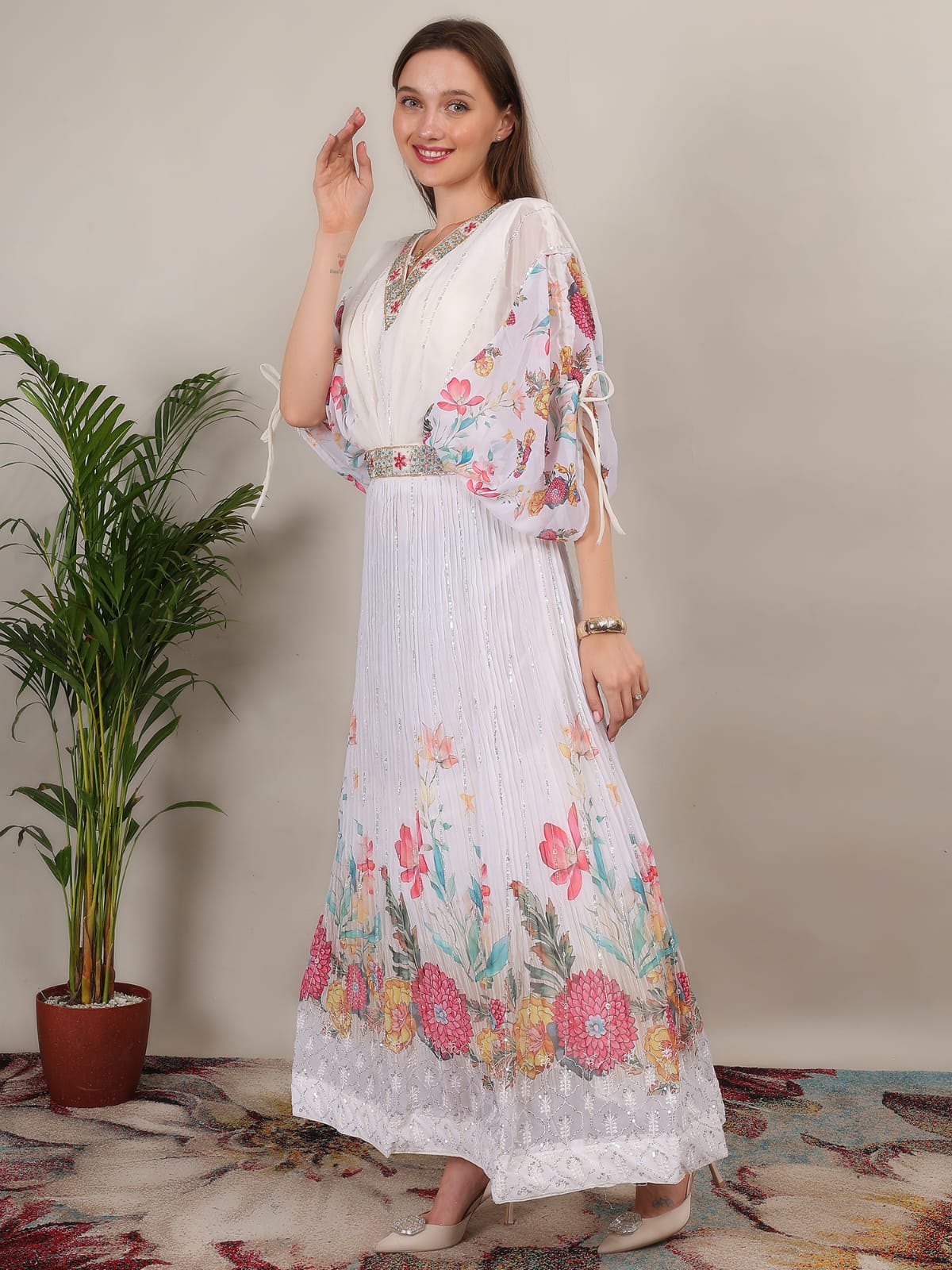 Elegant White Floral Printed Maxi Dress with Embroidered Neckline & Flowy Sleeves