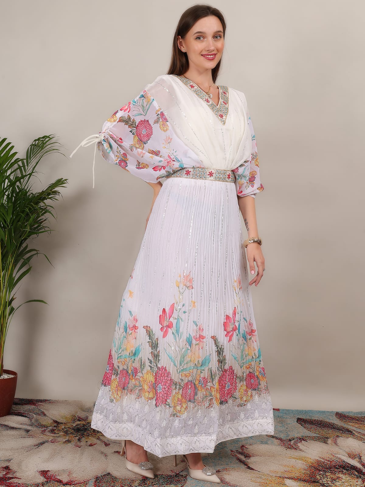 Elegant White Floral Printed Maxi Dress with Embroidered Neckline & Flowy Sleeves