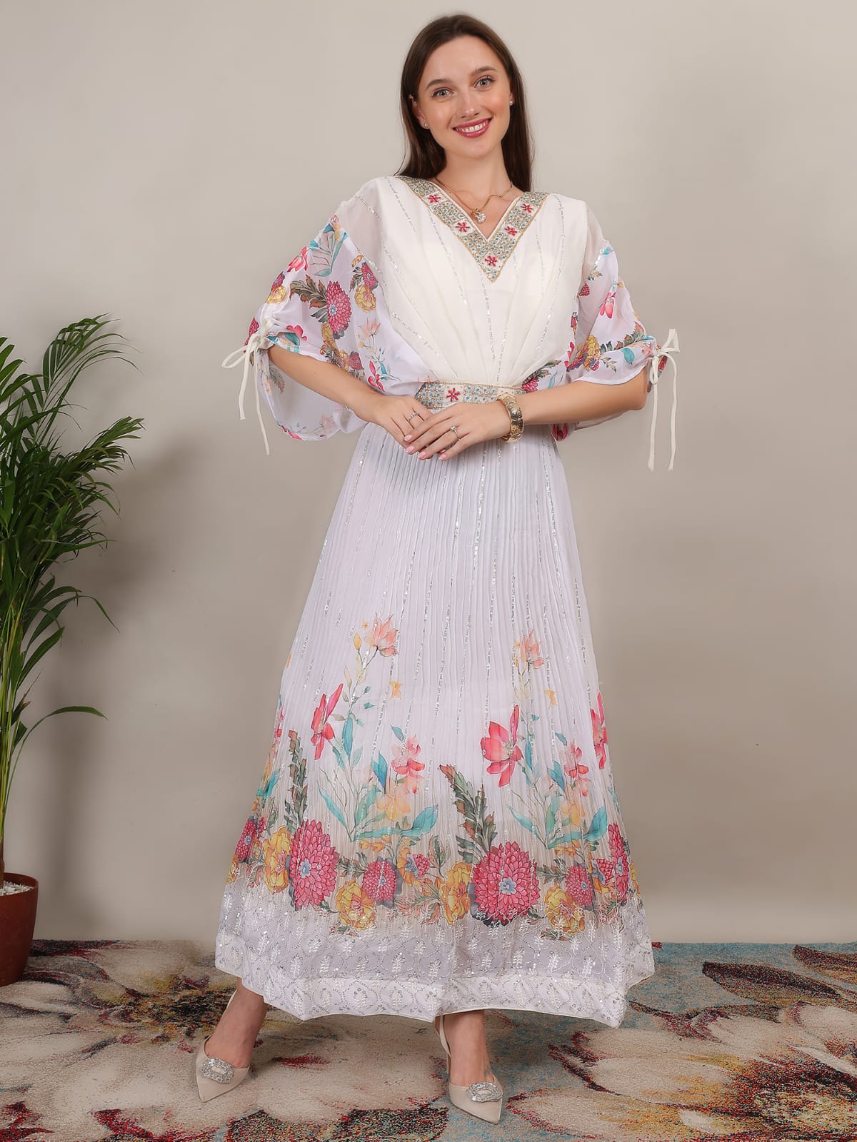 Elegant White Floral Printed Maxi Dress with Embroidered Neckline & Flowy Sleeves