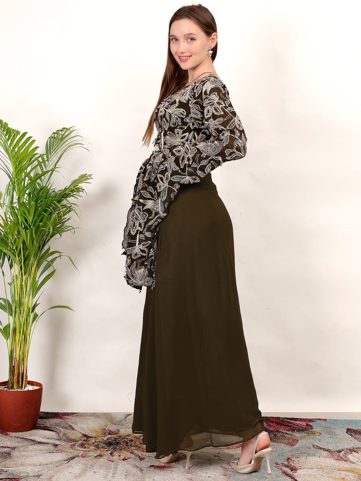 Black Embroidered Crop Top with Olive Green Draped Skirt – Indo-Western Party Wear