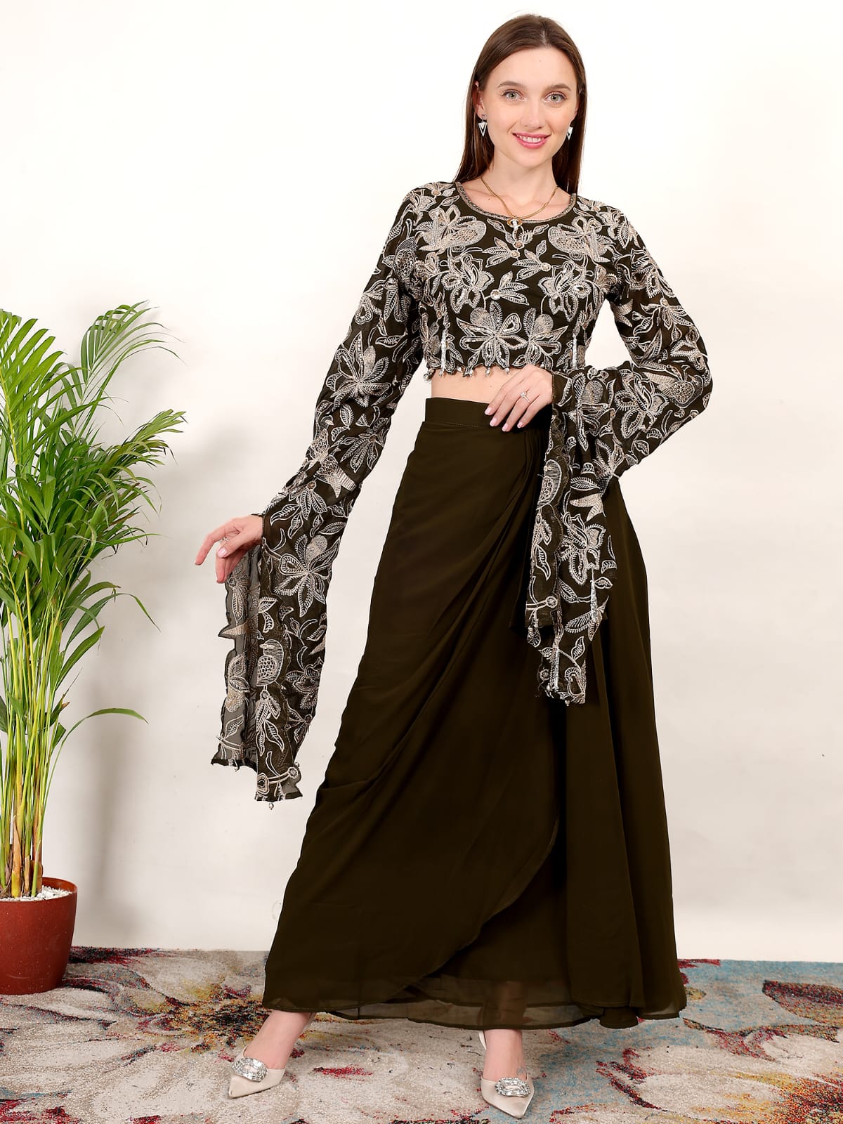 Black Embroidered Crop Top with Olive Green Draped Skirt – Indo-Western Party Wear