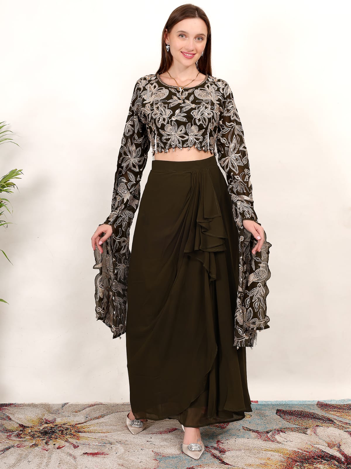 Black Embroidered Crop Top with Olive Green Draped Skirt – Indo-Western Party Wear