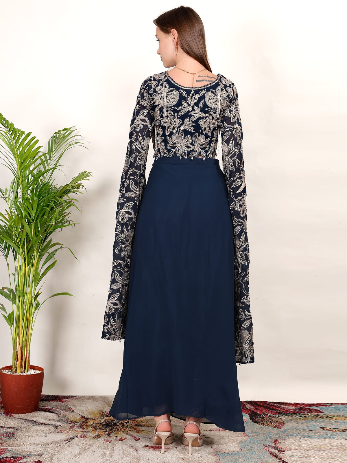 Designer Navy Blue Partywear Indo-Western Outfit with Embroidered Crop Top & Draped Skirt