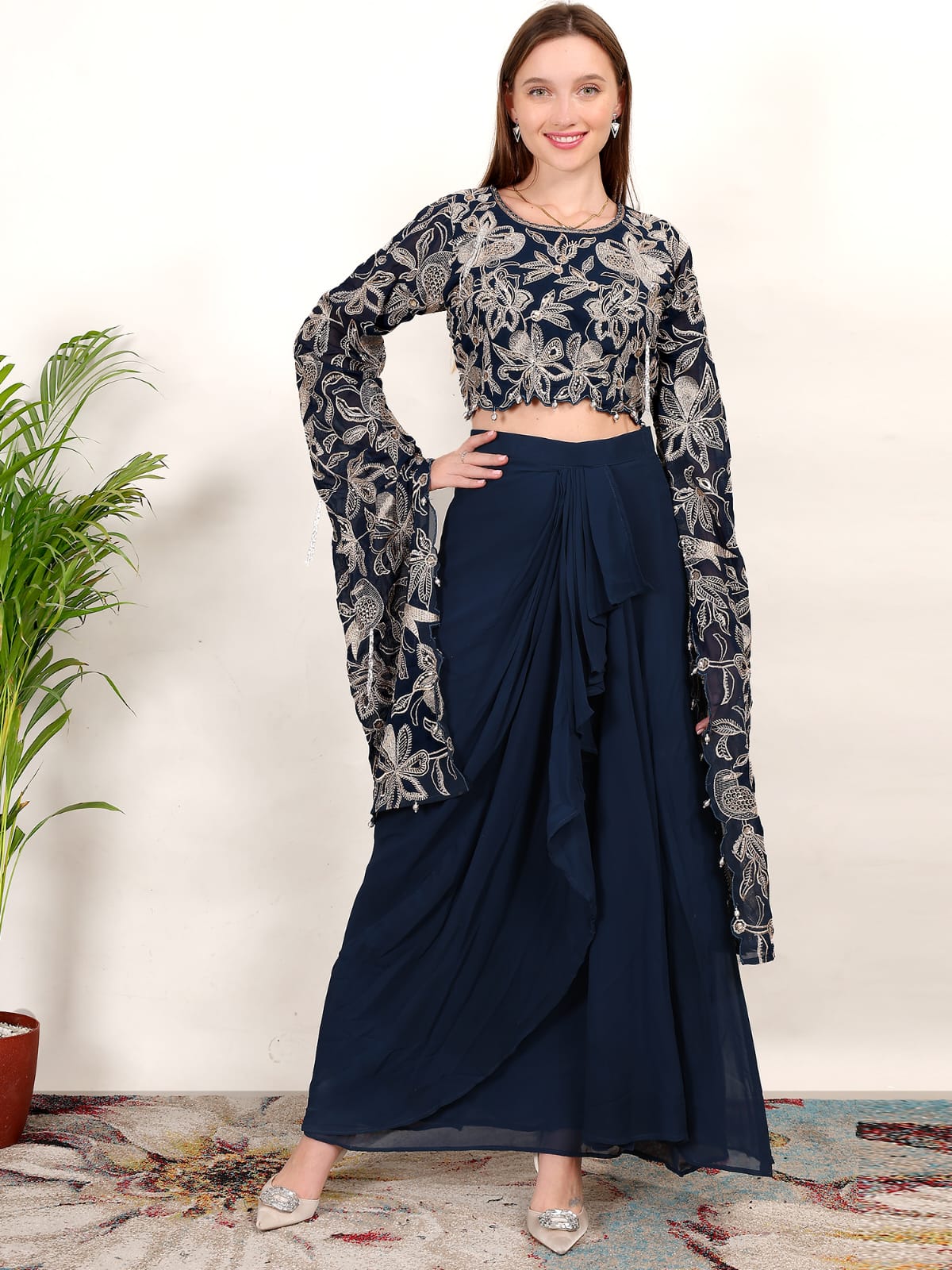 Designer Navy Blue Partywear Indo-Western Outfit with Embroidered Crop Top & Draped Skirt