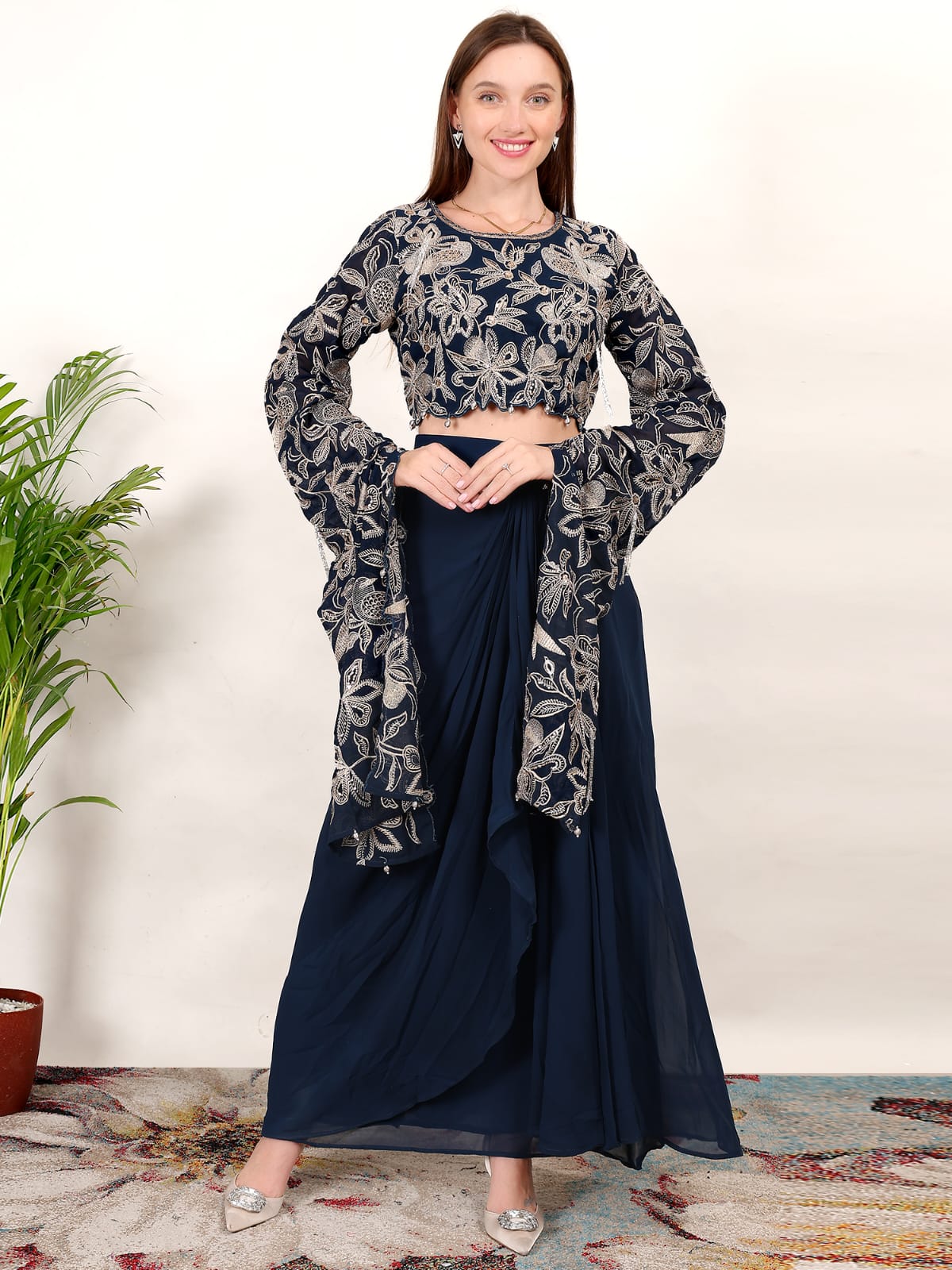 Designer Navy Blue Partywear Indo-Western Outfit with Embroidered Crop Top & Draped Skirt