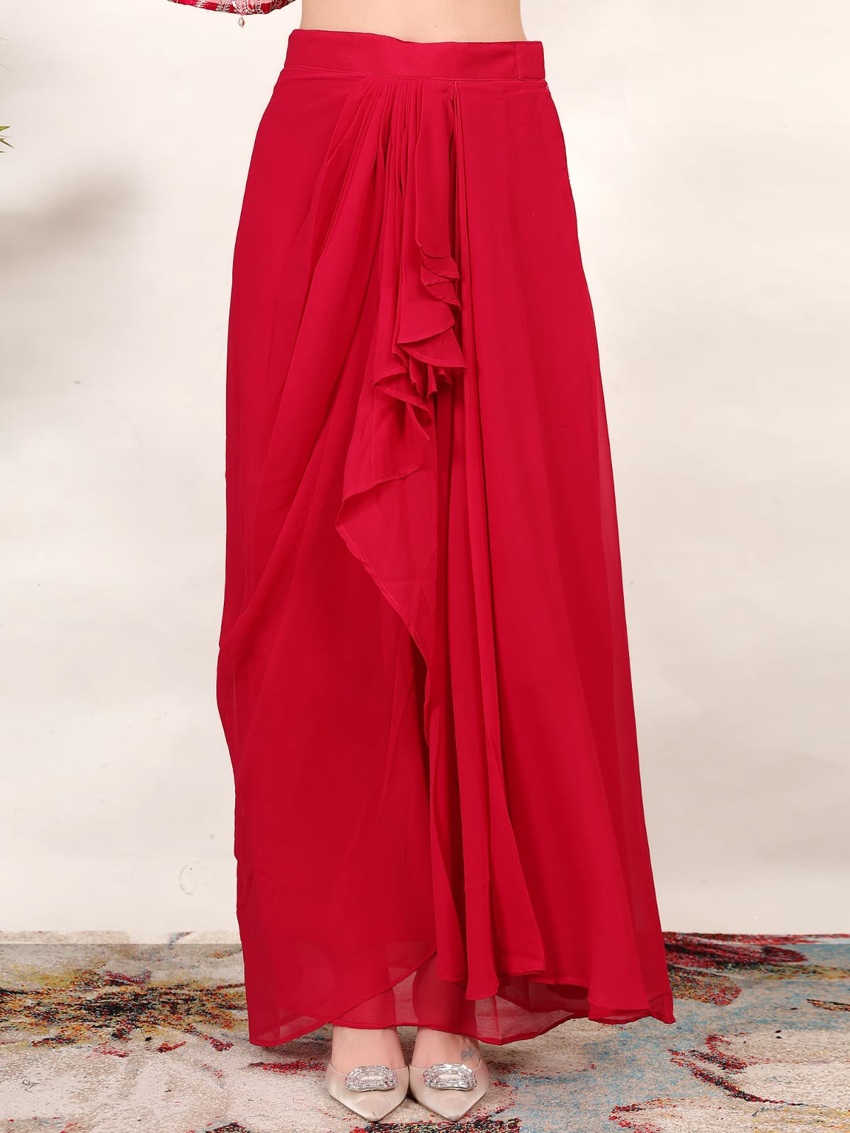Red Radiance Festive Crop Top with Flowing Skirt