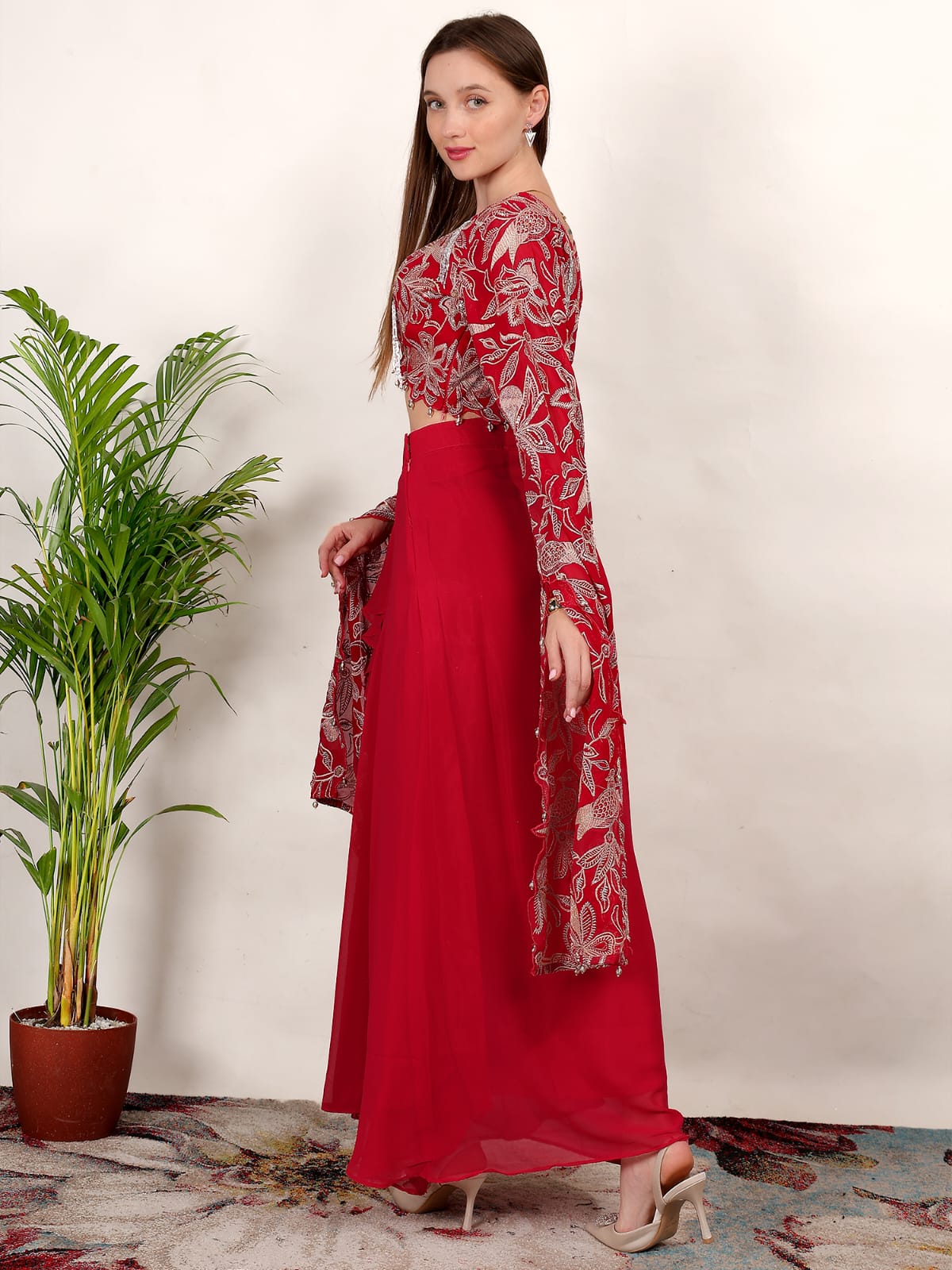 Red Radiance Festive Crop Top with Flowing Skirt