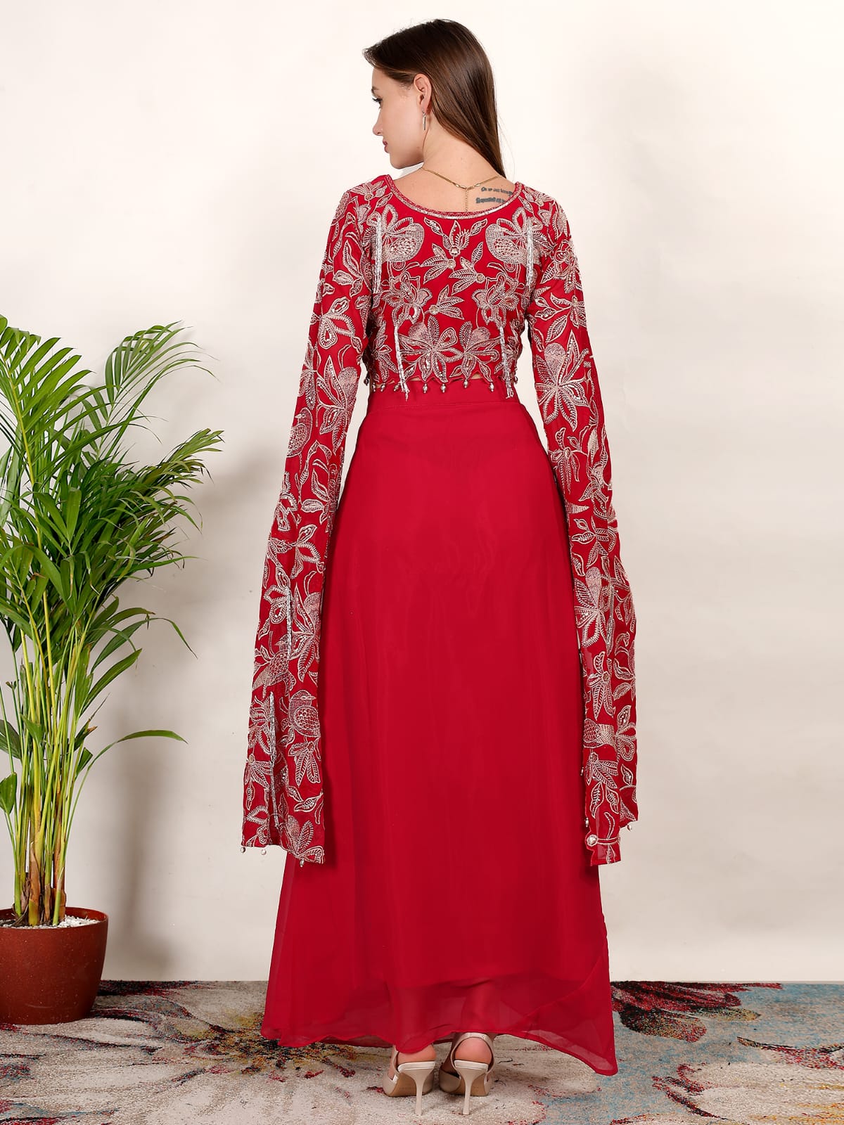 Red Radiance Festive Crop Top with Flowing Skirt