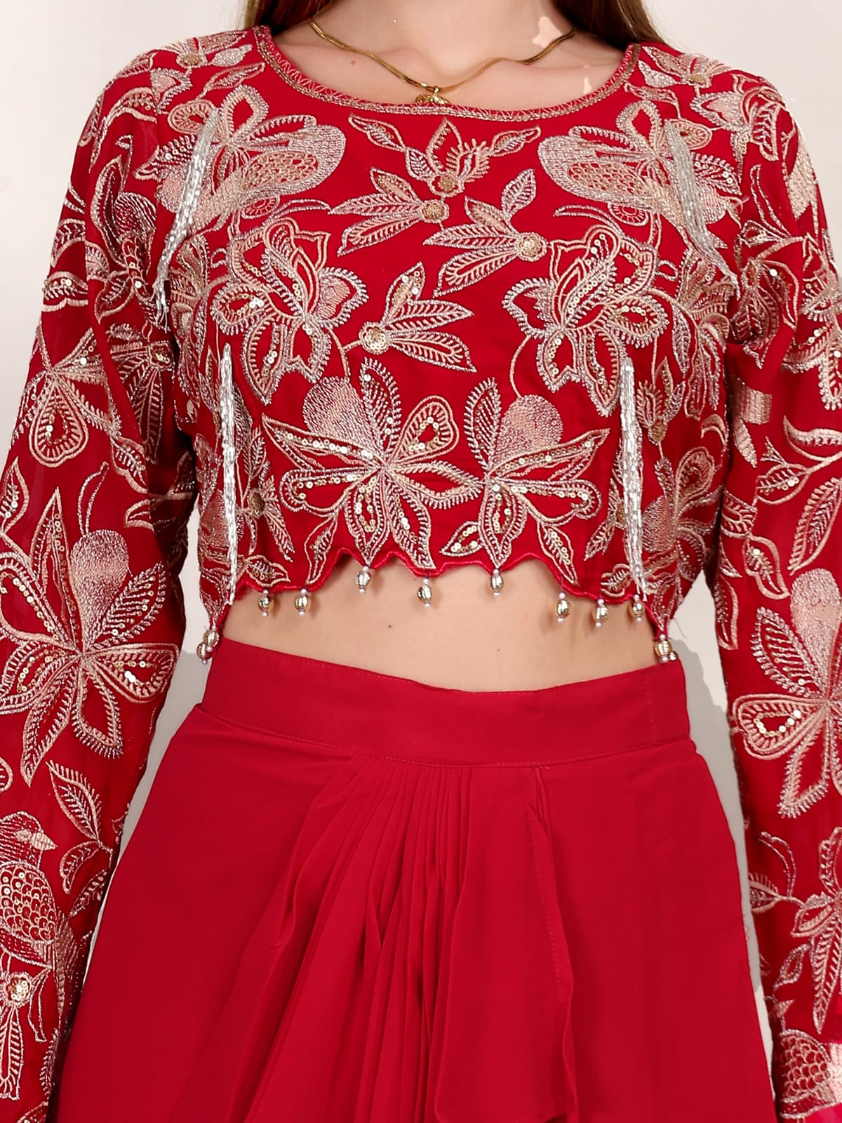 Red Radiance Festive Crop Top with Flowing Skirt