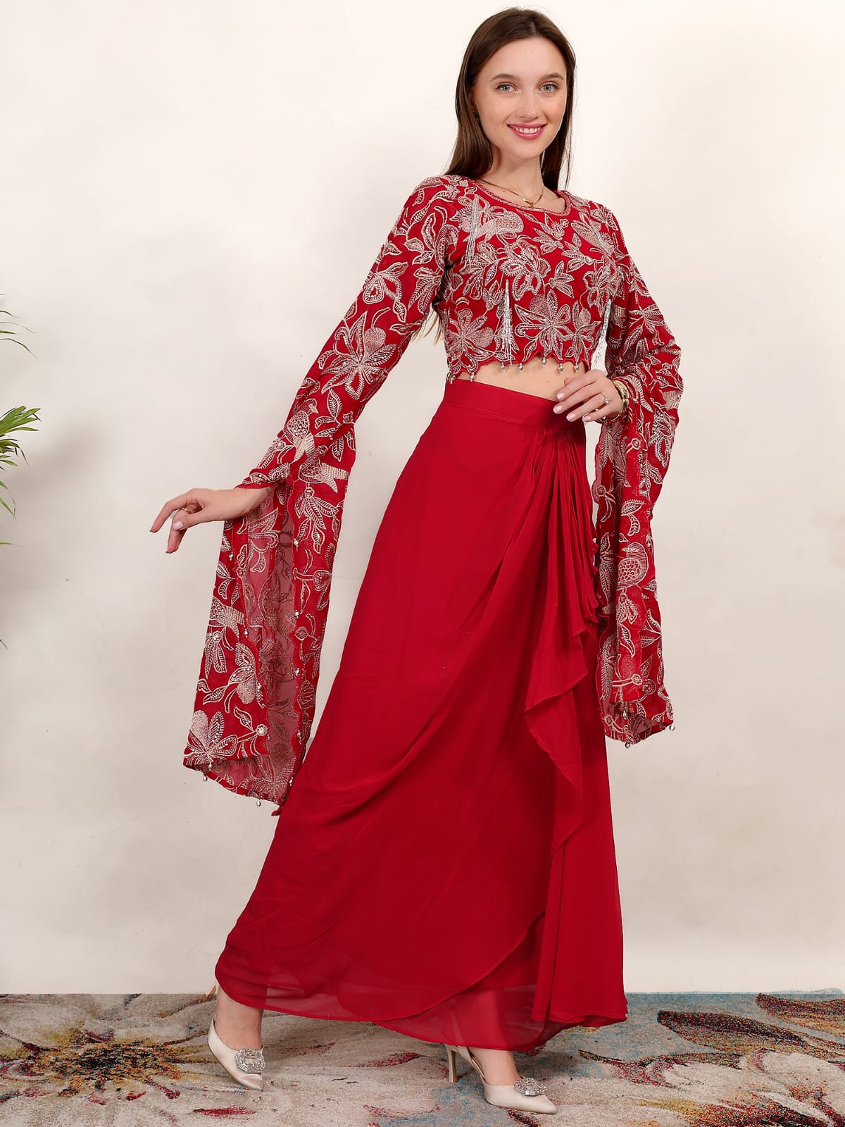 Red Radiance Festive Crop Top with Flowing Skirt