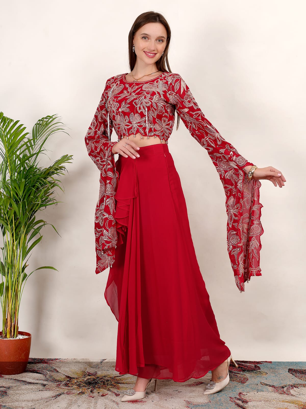 Red Radiance Festive Crop Top with Flowing Skirt
