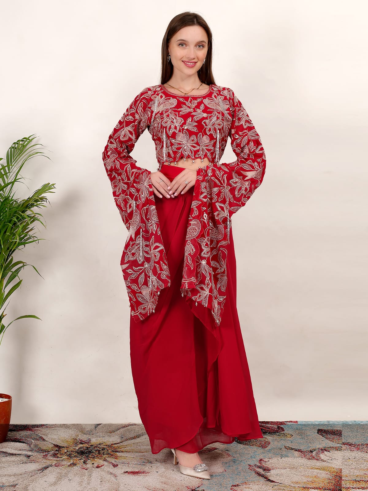 Red Radiance Festive Crop Top with Flowing Skirt