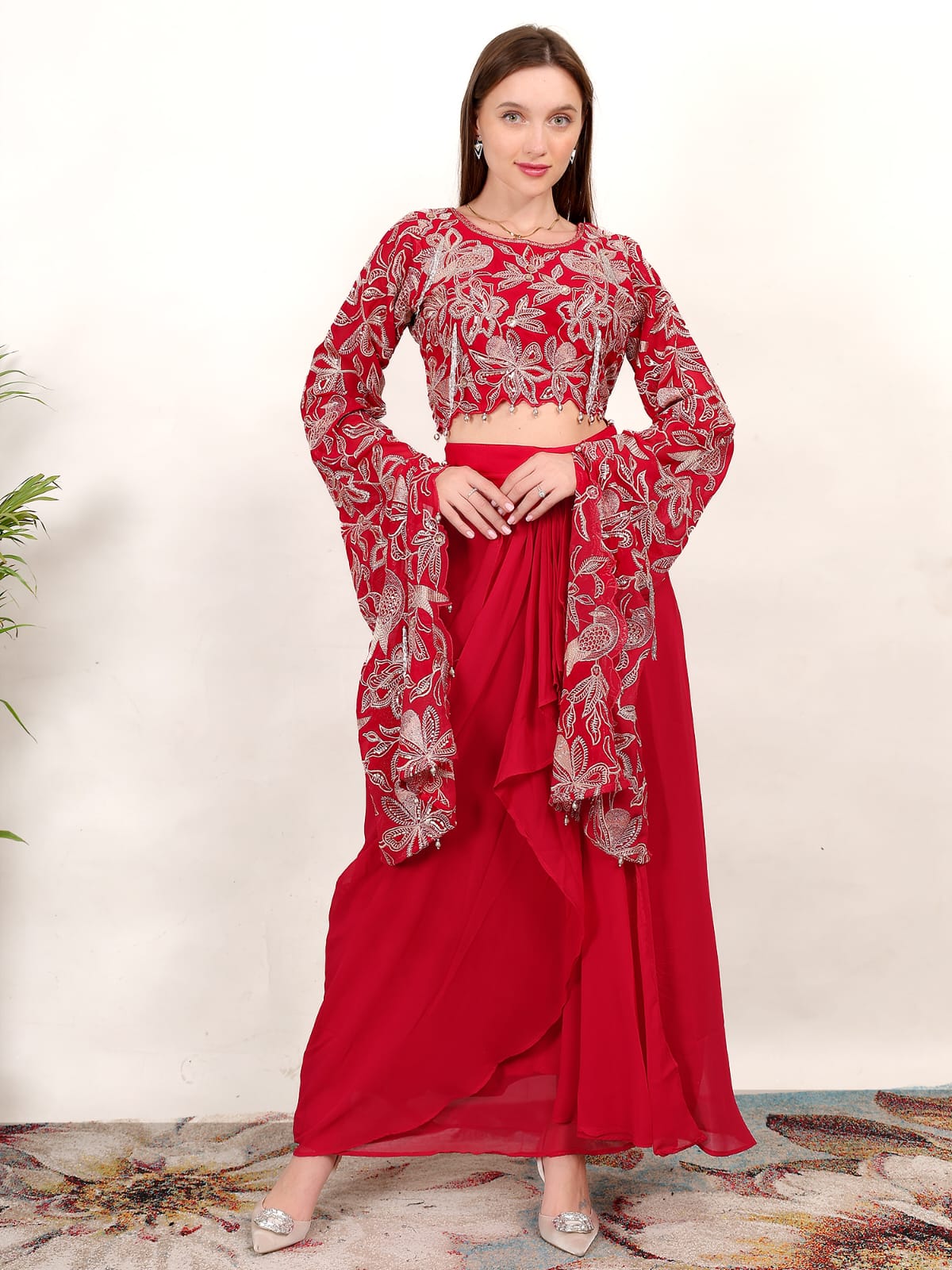Red Radiance Festive Crop Top with Flowing Skirt
