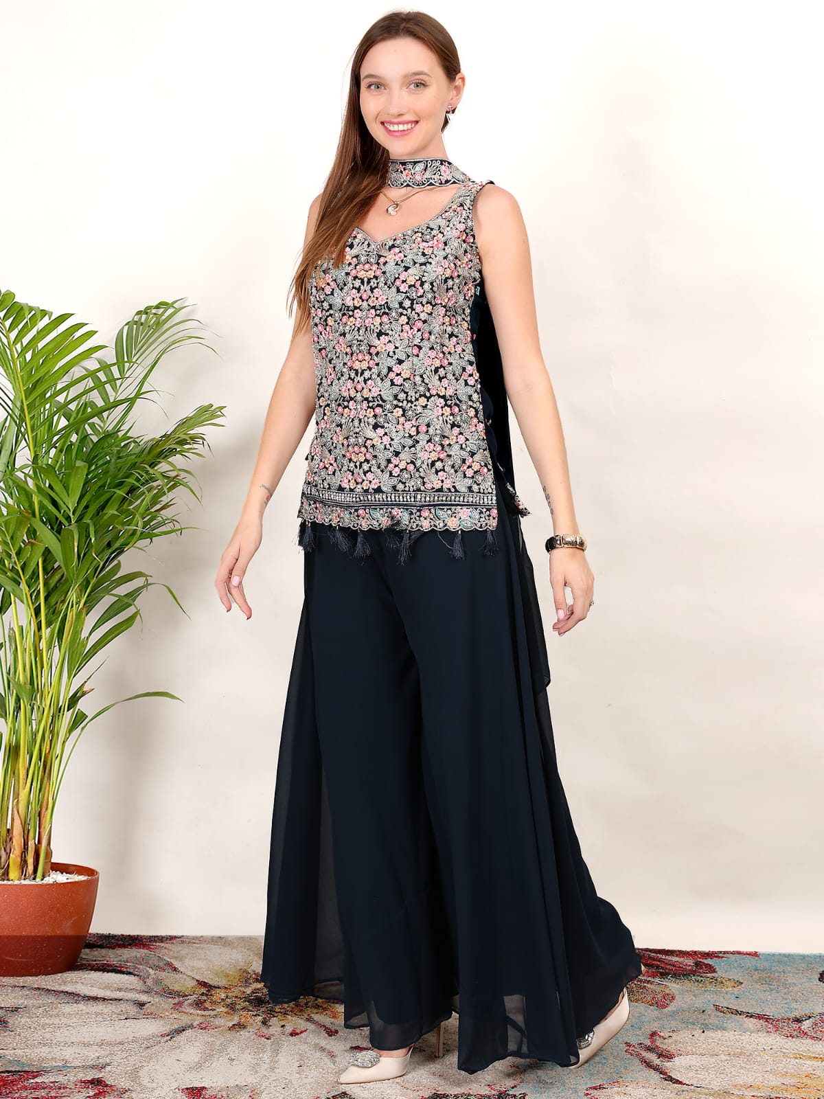 Designer Sleeveless Embroidered Kurti Palazzo Set for Women