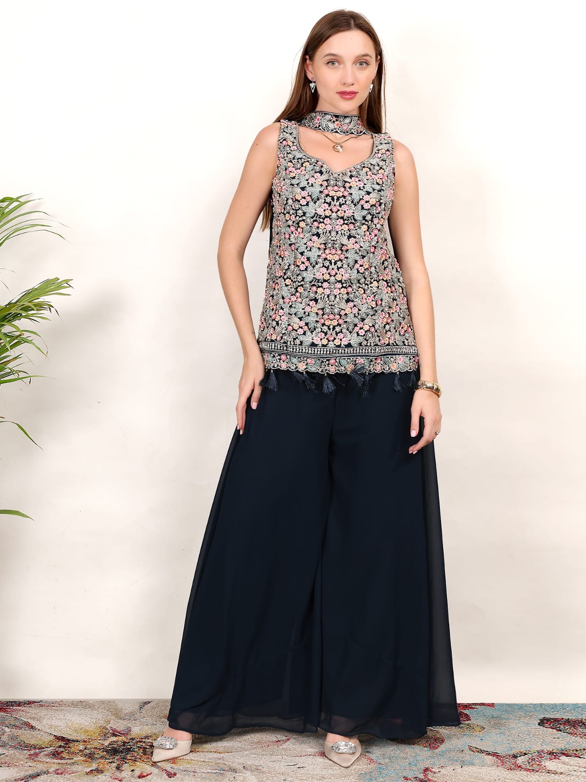 Designer Sleeveless Embroidered Kurti Palazzo Set for Women