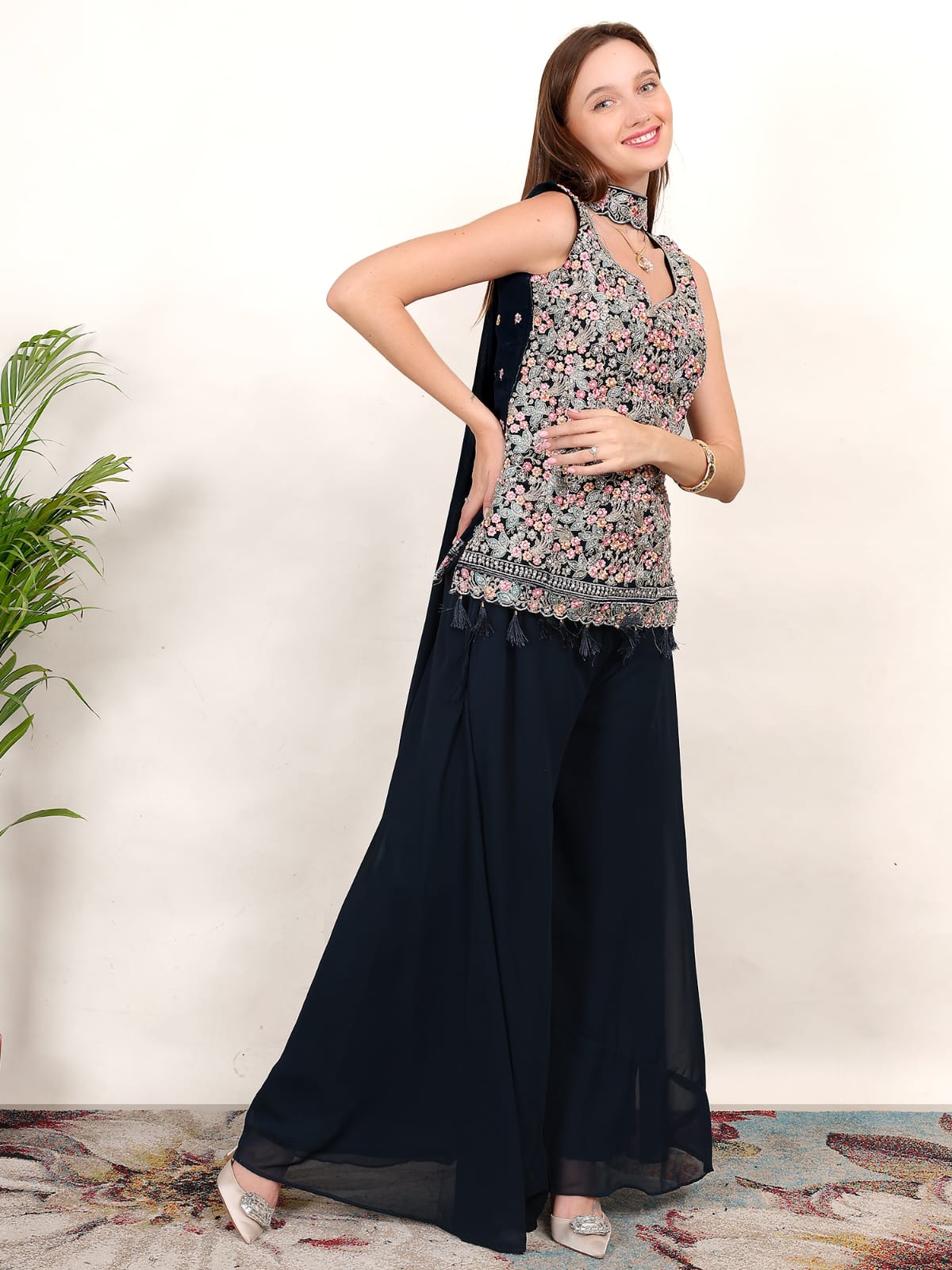 Designer Sleeveless Embroidered Kurti Palazzo Set for Women