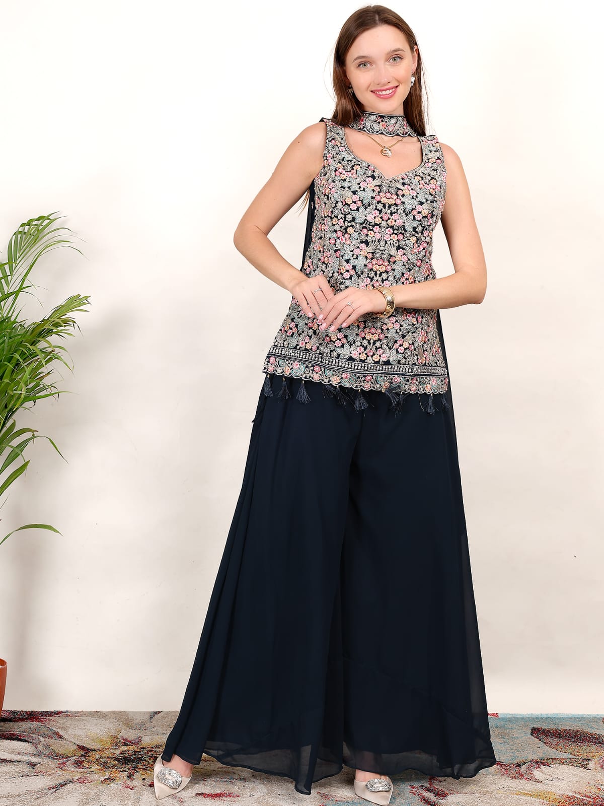 Designer Sleeveless Embroidered Kurti Palazzo Set for Women