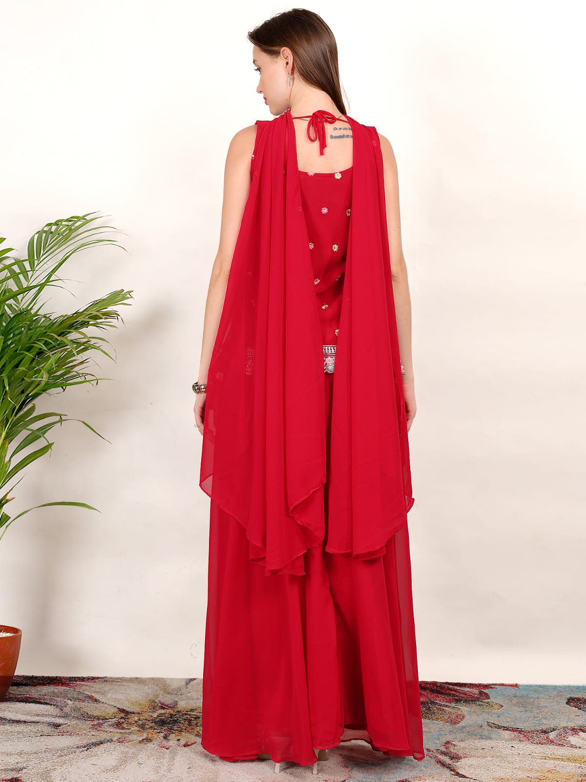 Women’s Embroidered Sleeveless Kurti with Palazzo & Dupatta – Festive Ethnic Set (Red)