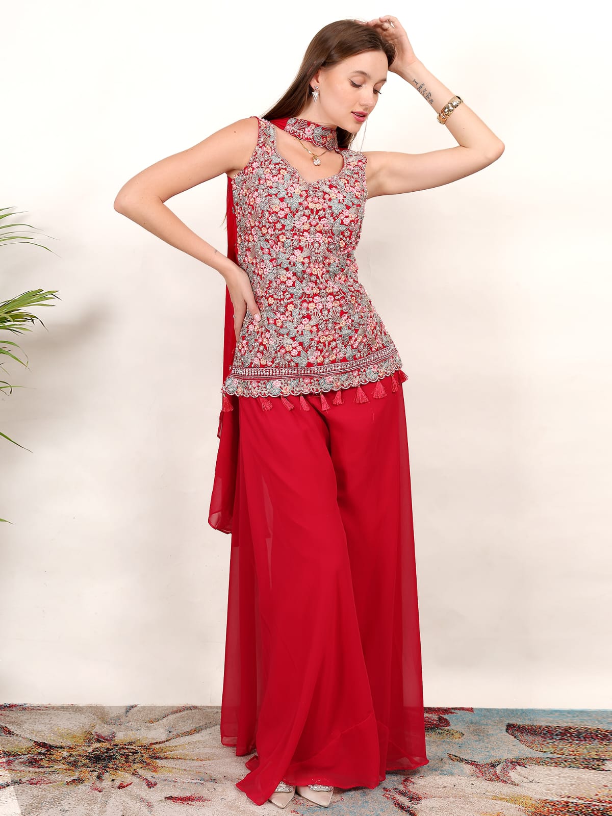 Women’s Embroidered Sleeveless Kurti with Palazzo & Dupatta – Festive Ethnic Set (Red)