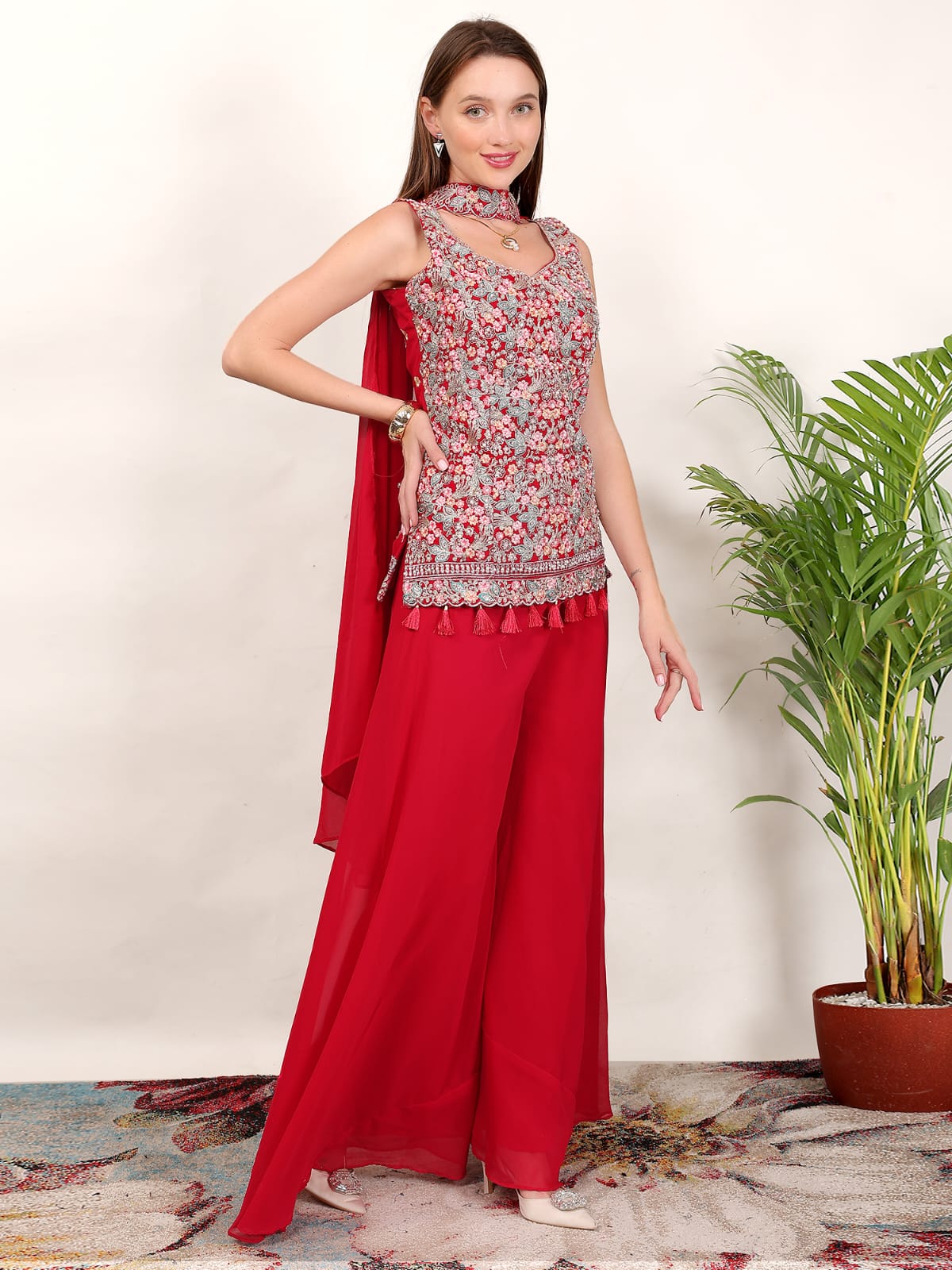 Women’s Embroidered Sleeveless Kurti with Palazzo & Dupatta – Festive Ethnic Set (Red)