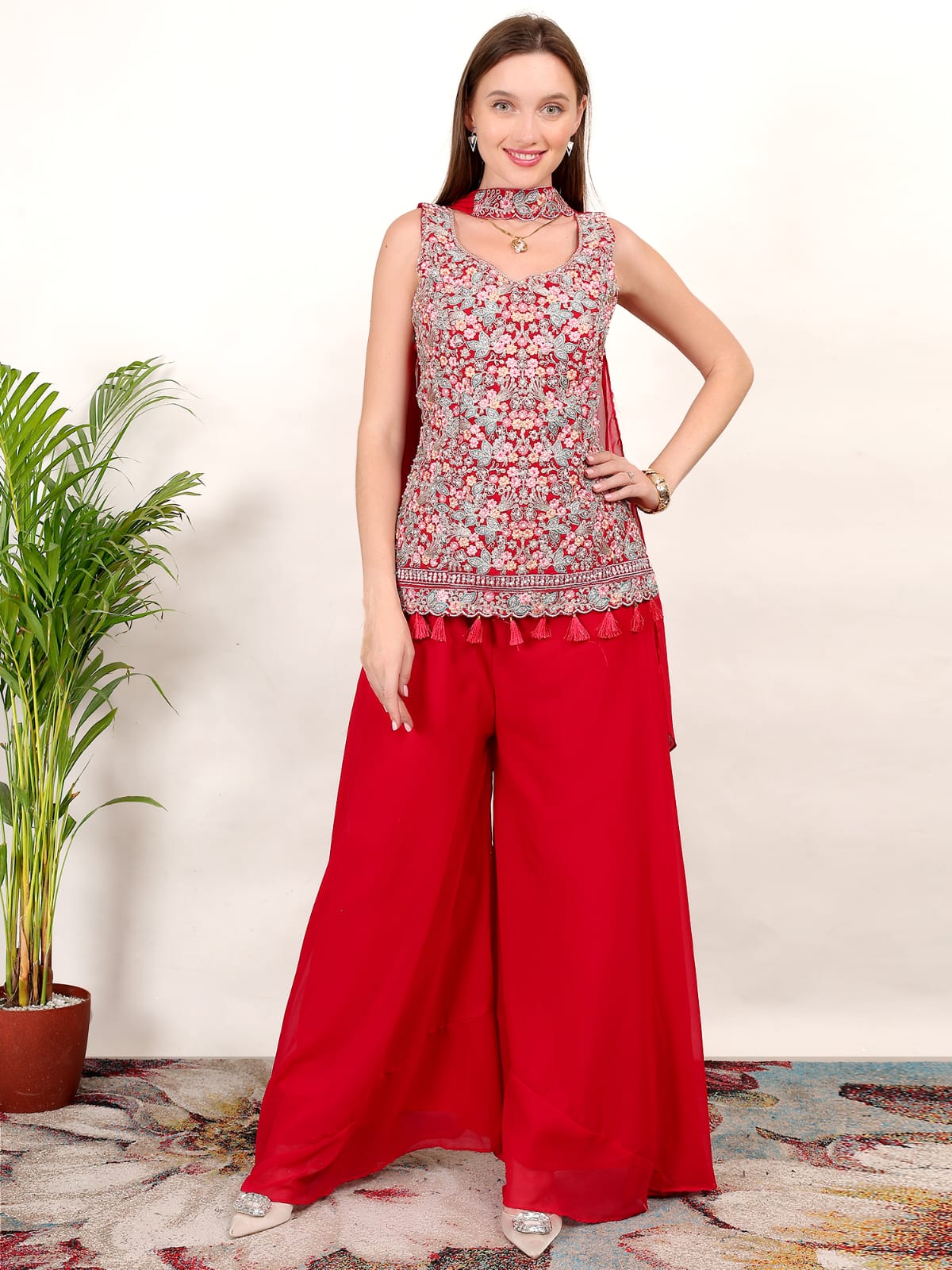 Women’s Embroidered Sleeveless Kurti with Palazzo & Dupatta – Festive Ethnic Set (Red)