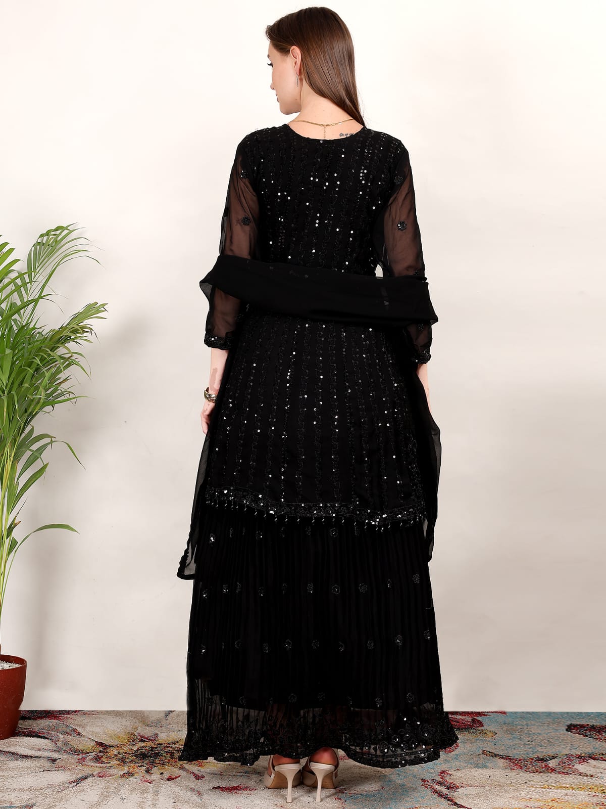 Black Sequin Embroidered Kurta Sharara Set with Dupatta – Party & Wedding Wear Ethnic Outfit
