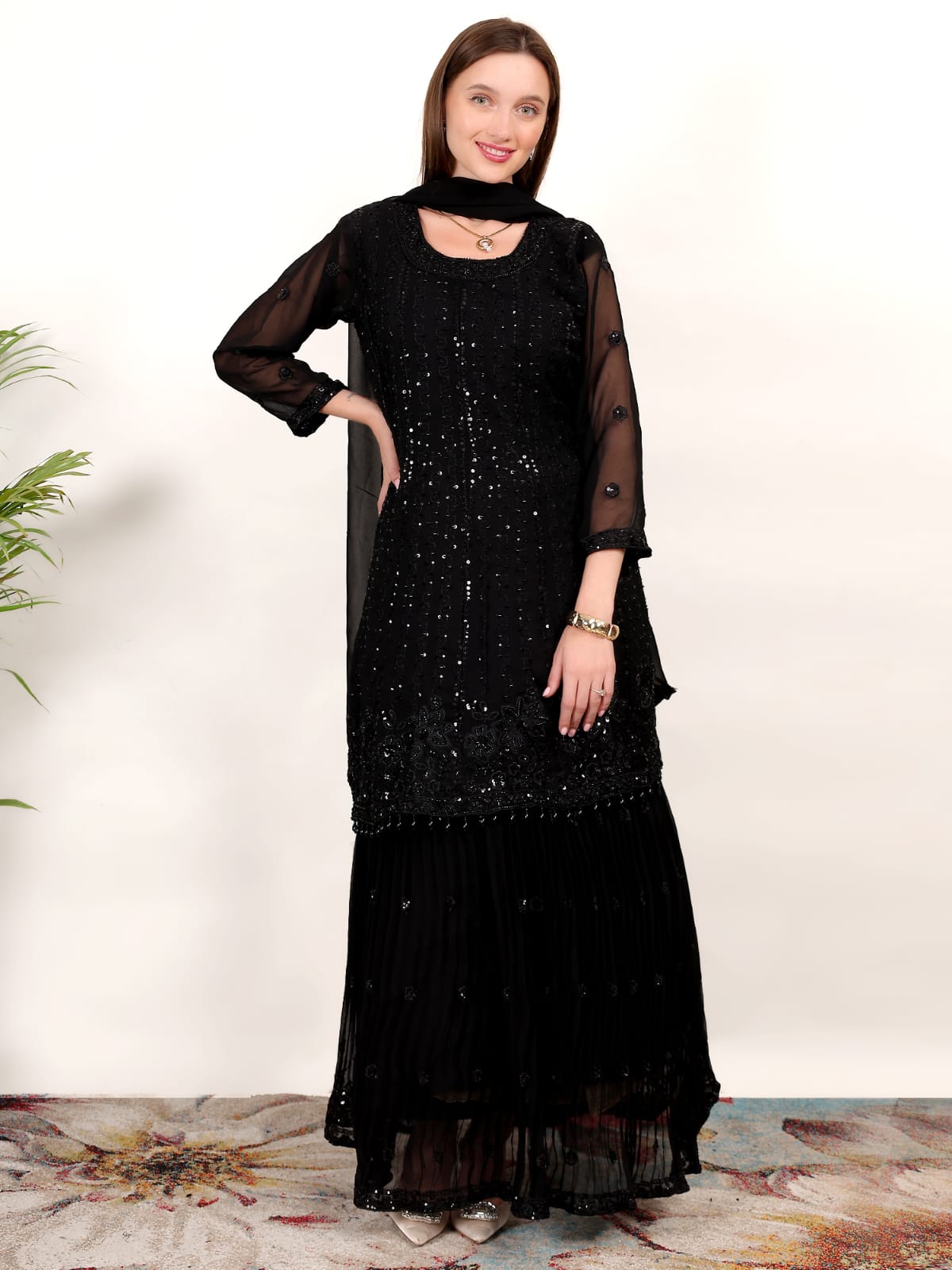 Black Sequin Embroidered Kurta Sharara Set with Dupatta – Party & Wedding Wear Ethnic Outfit