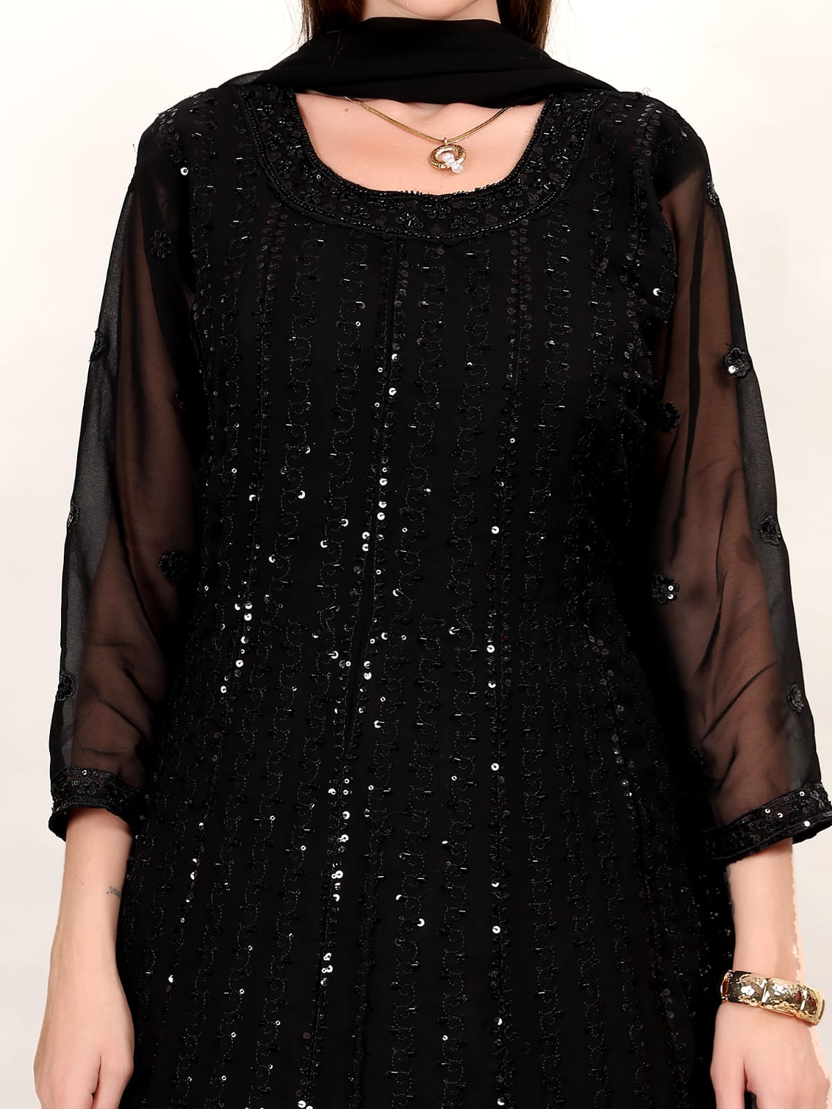 Black Sequin Embroidered Kurta Sharara Set with Dupatta – Party & Wedding Wear Ethnic Outfit