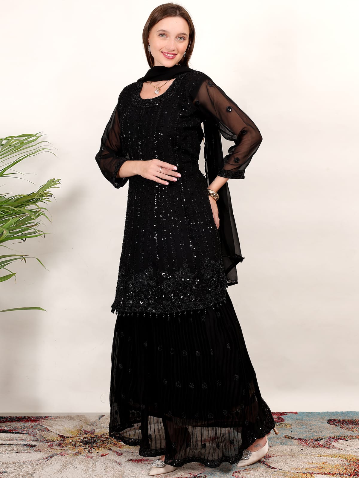 Black Sequin Embroidered Kurta Sharara Set with Dupatta – Party & Wedding Wear Ethnic Outfit