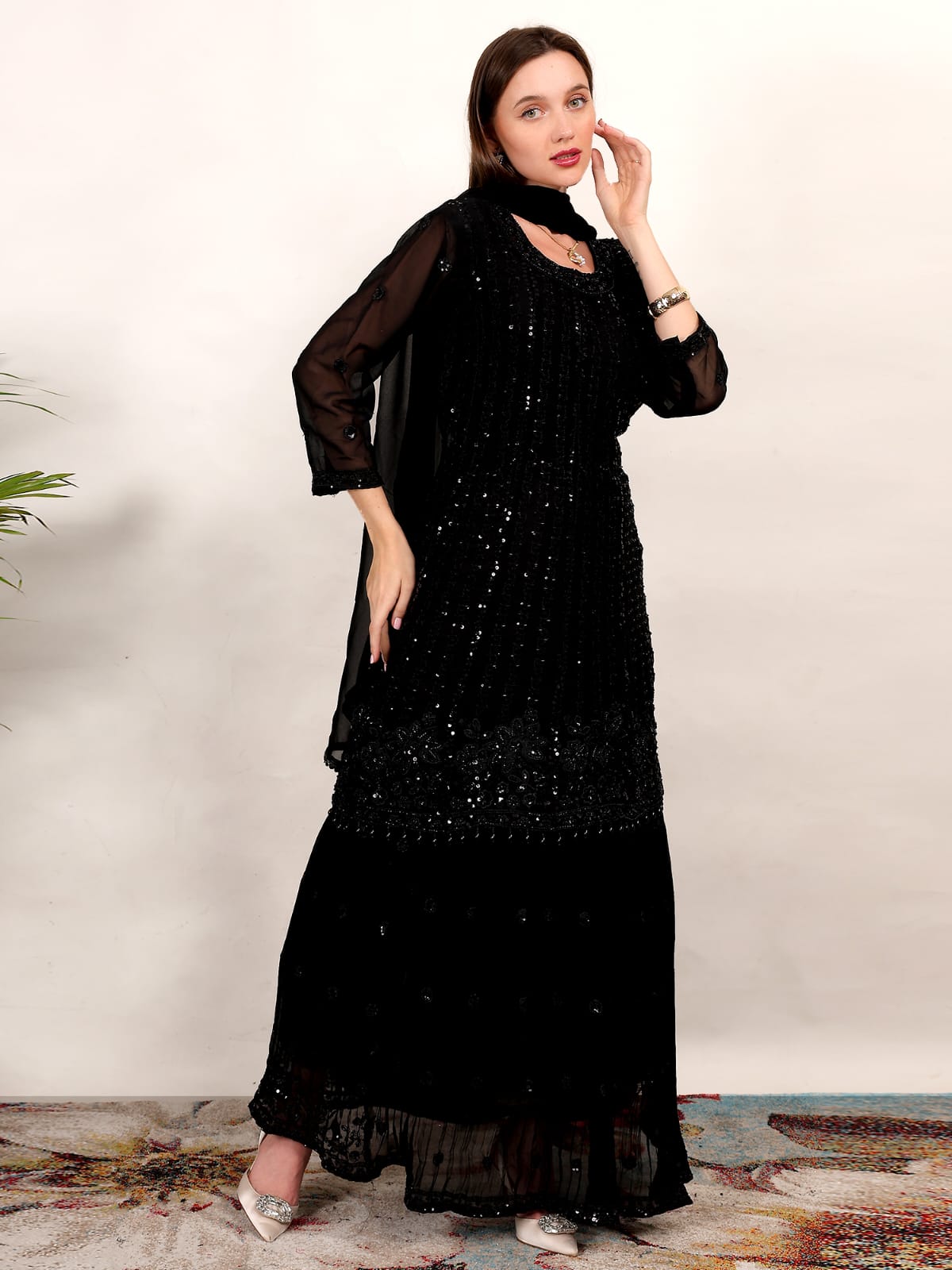 Black Sequin Embroidered Kurta Sharara Set with Dupatta – Party & Wedding Wear Ethnic Outfit