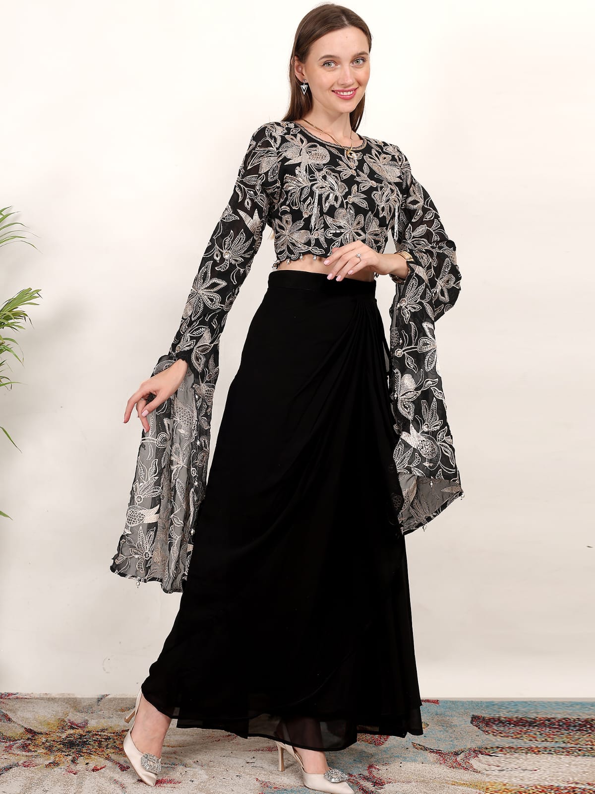 Black Floral Embroidered Crop Top with Flared Sleeves & Maxi Skirt Set for Women