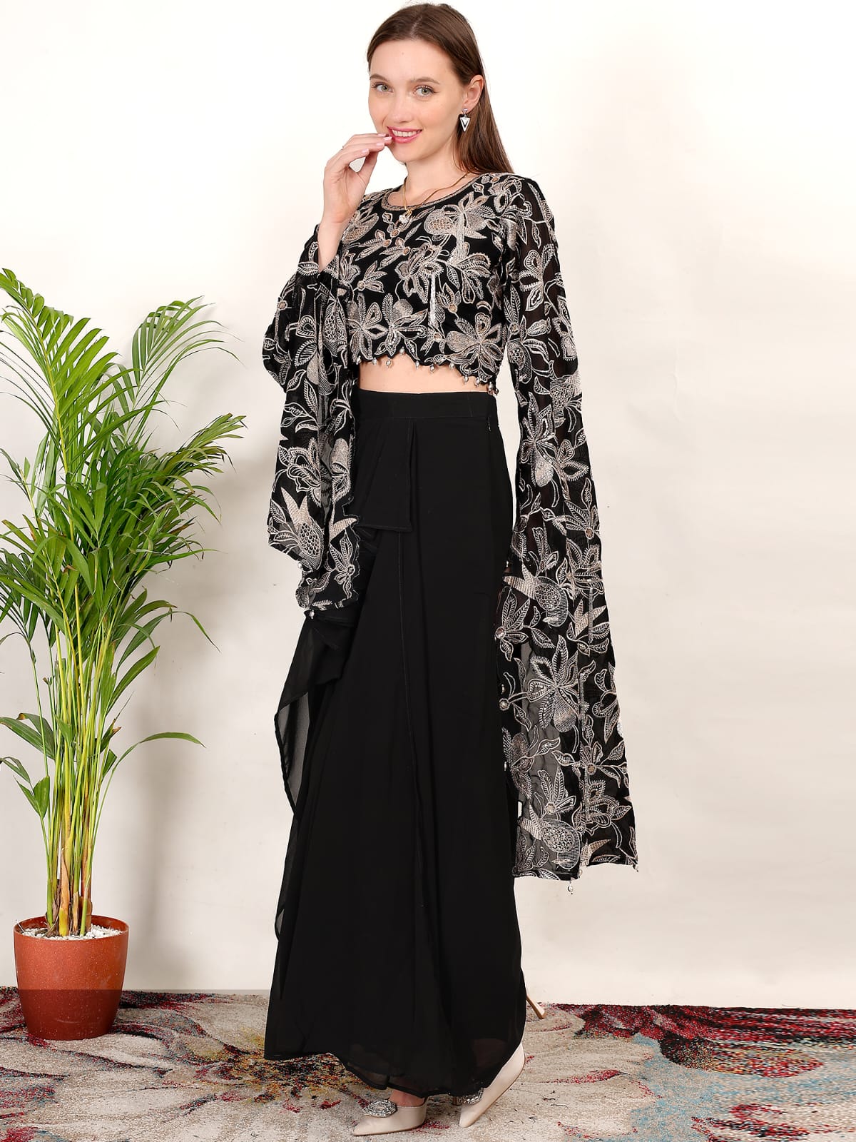 Black Floral Embroidered Crop Top with Flared Sleeves & Maxi Skirt Set for Women