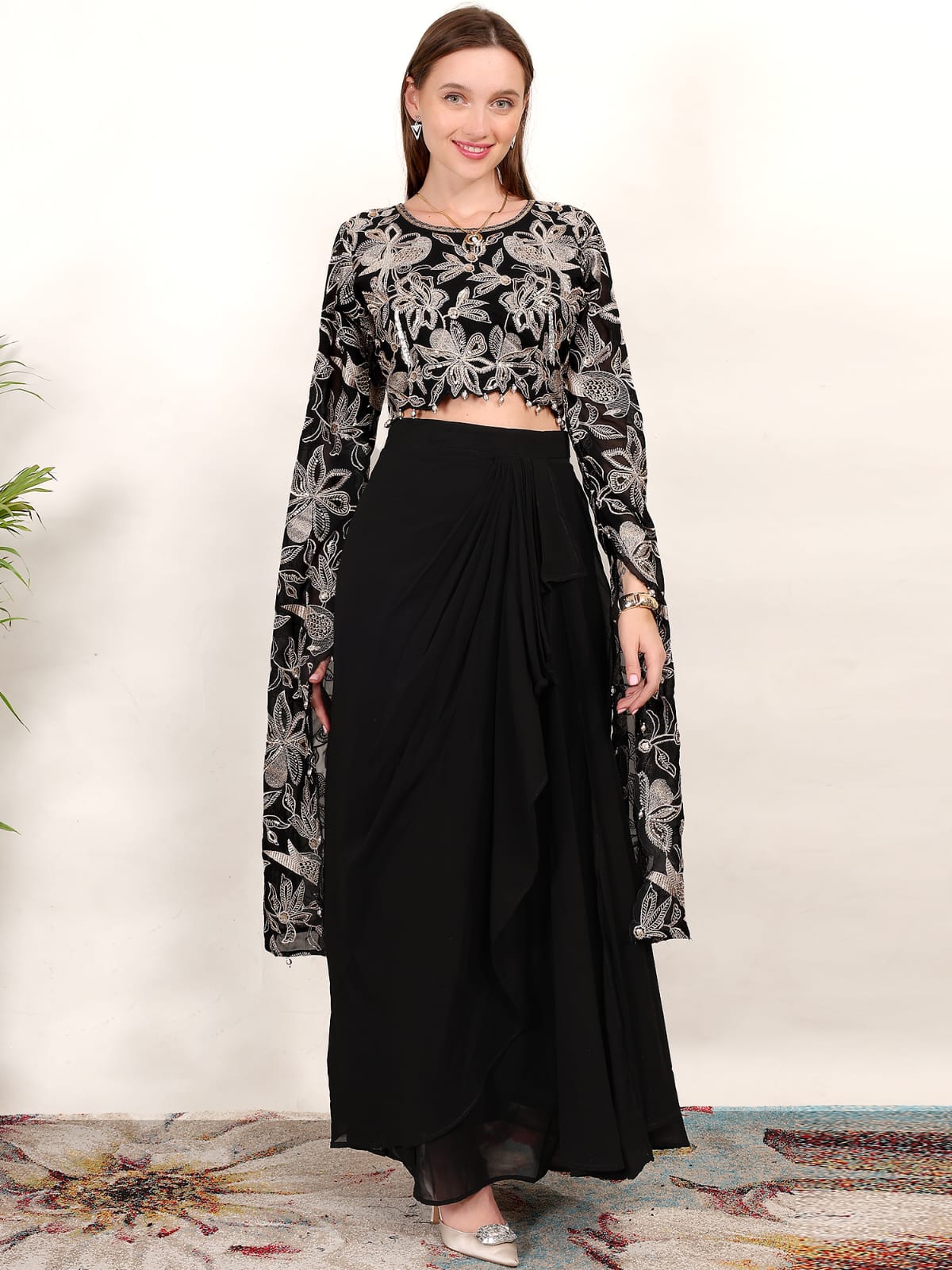 Black Floral Embroidered Crop Top with Flared Sleeves & Maxi Skirt Set for Women