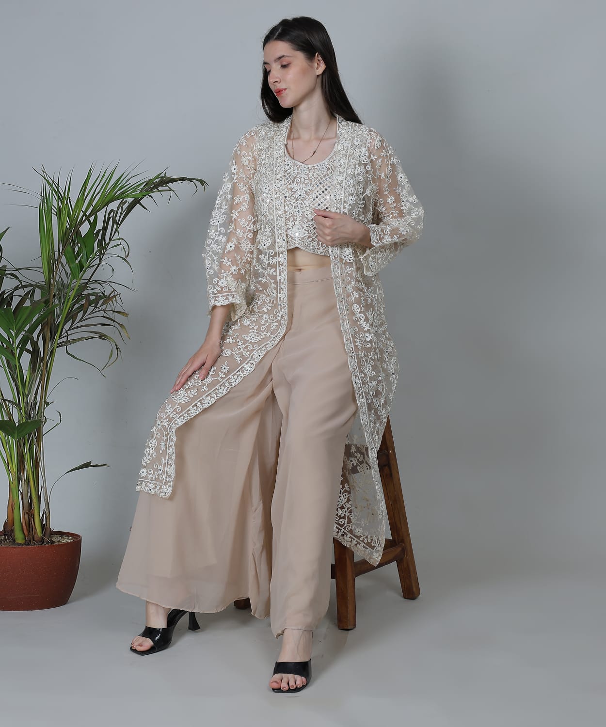 Nude beige ivory embroidered sheer jacket
