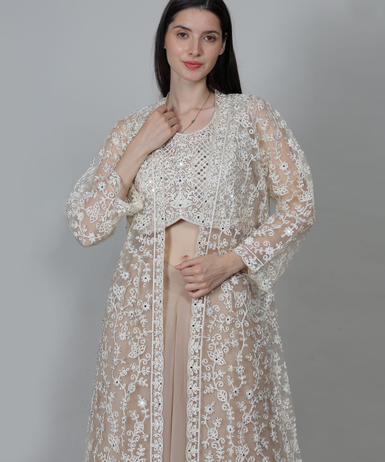 Nude beige ivory embroidered sheer jacket