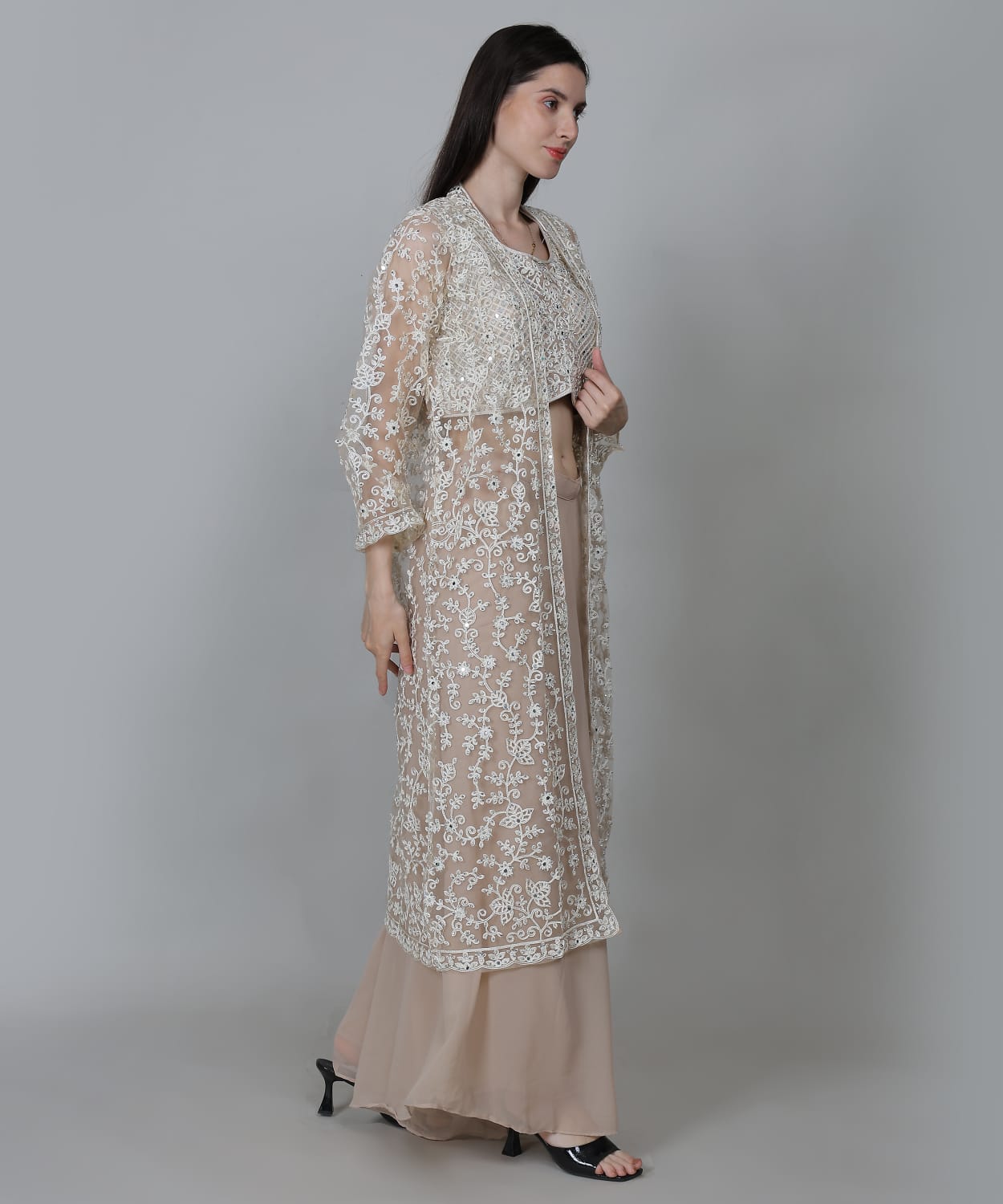 Nude beige ivory embroidered sheer jacket