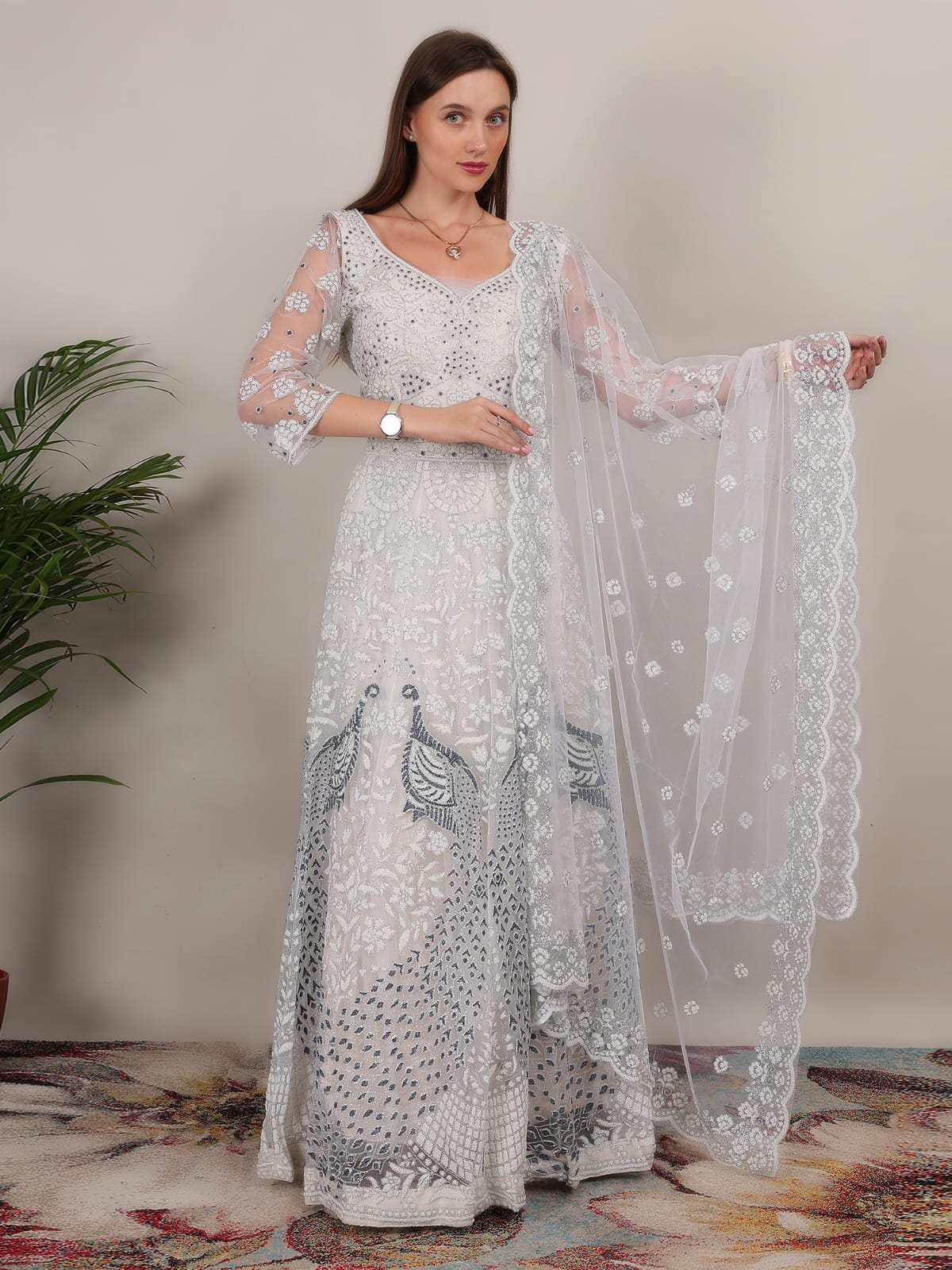 Adorable Net White Silver Color peacock Design Lehenga Choli